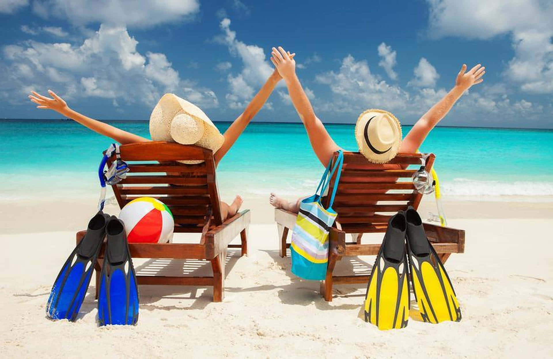 Beach Holiday 1920 x 1247, wooden beach chairs, bright blue sky, Full HD Desktop Wallpaper