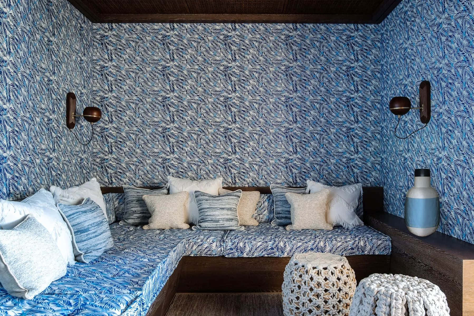 coastal grandmother style, blue patterned fabric, textured wallpaper, HD Desktop Wallpaper