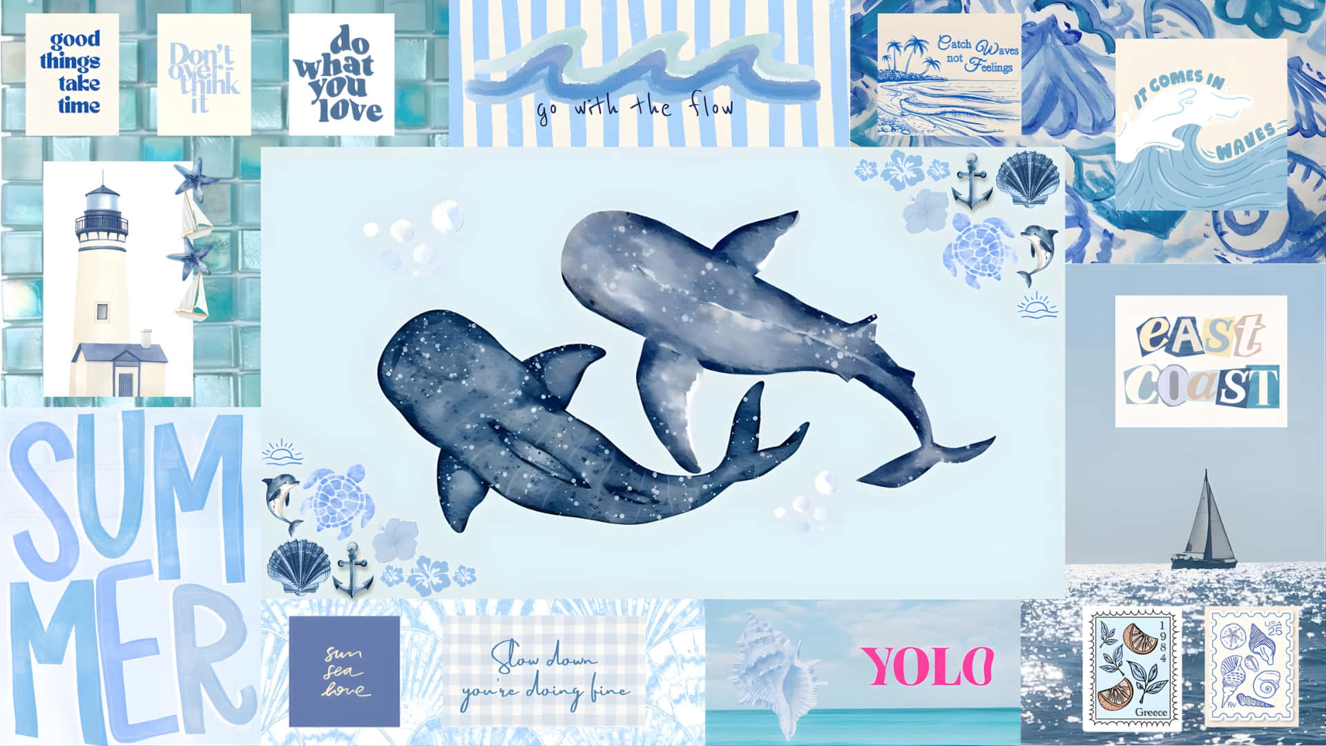 dark blue watercolor whales, soft sky blue background, coastal motifs, Full HD Desktop Wallpaper