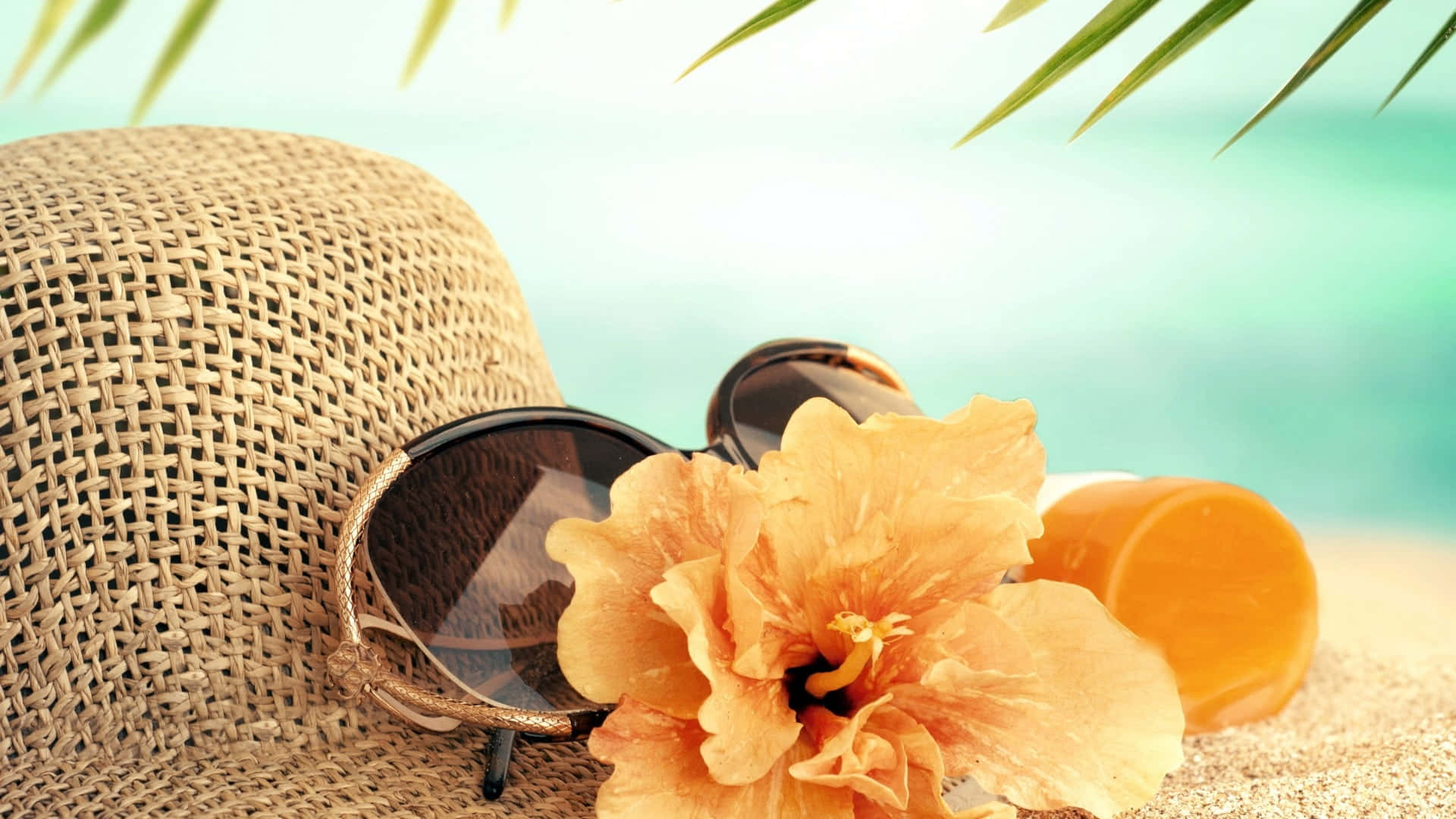 straw hat, sunglasses, orange hibiscus bloom, Full HD Desktop Wallpaper