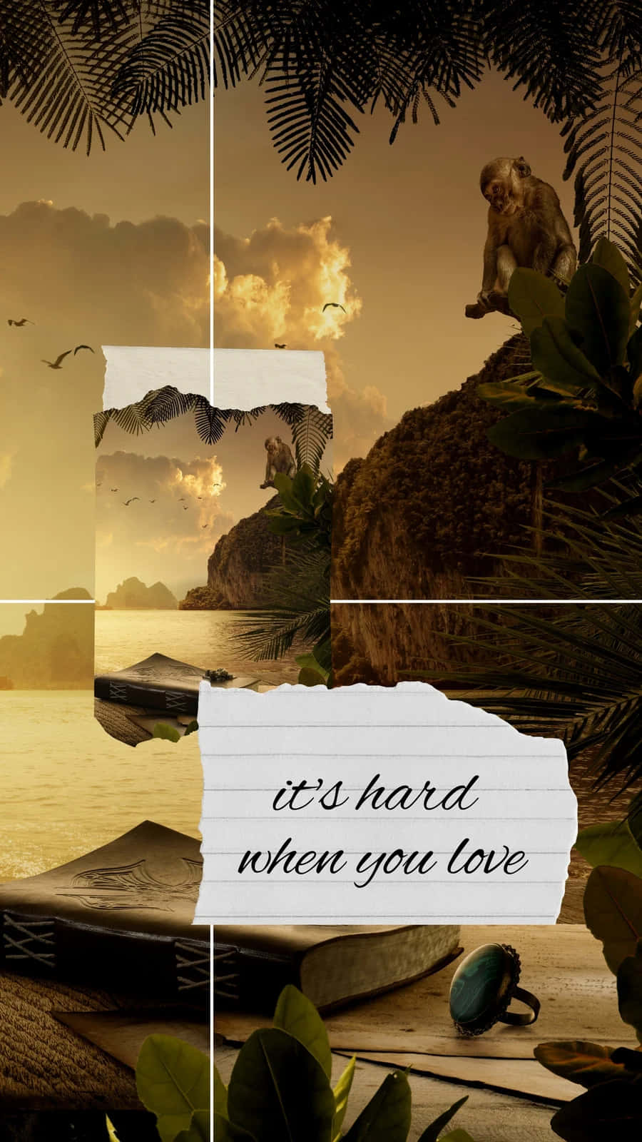 Vintage Beach Collage, monkey on a cliff, torn note reading it's hard when you love, HD Phone Wallpaper