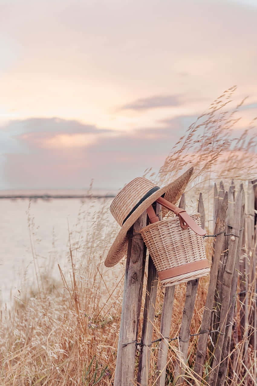 straw hat, woven basket, weathered wooden fence, SD Phone Wallpaper