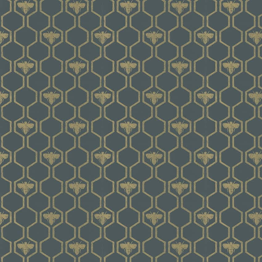 Vintage Bee, dark teal, gold hexagonal patterns, SD Desktop Wallpaper