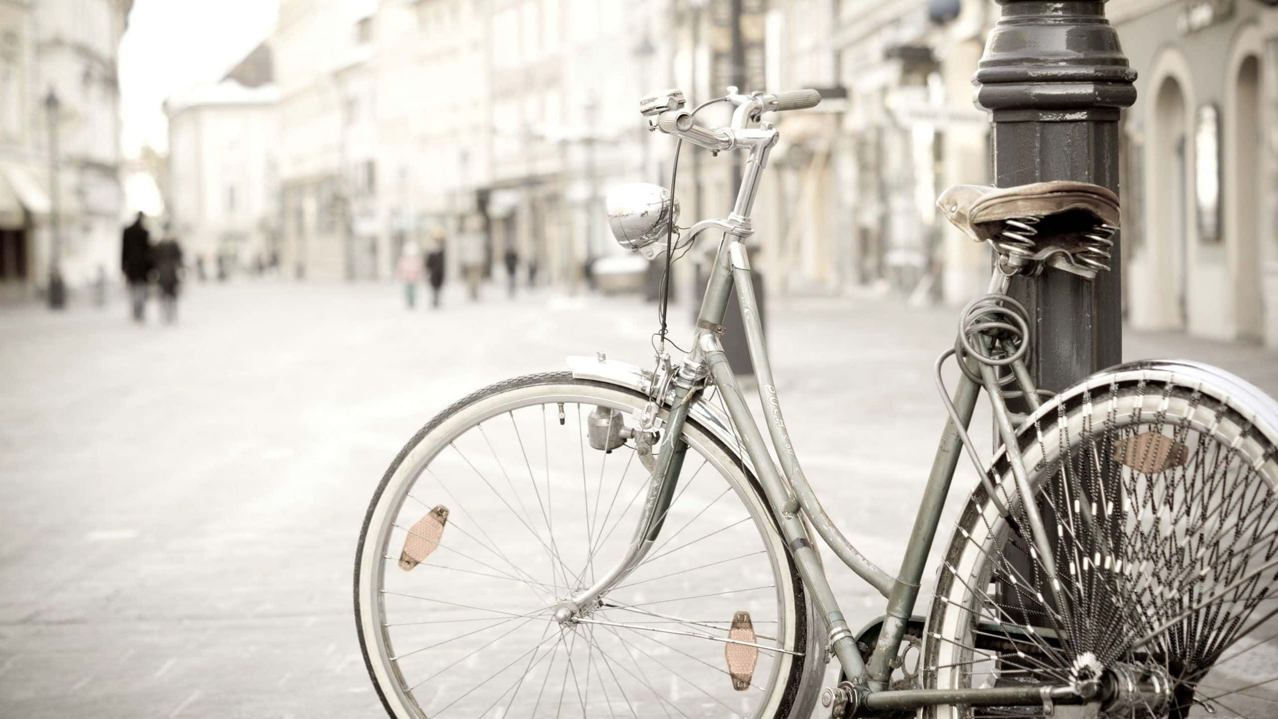 Vintage Desktop City Bicycle, lamppost, quiet European street, 2K Desktop Wallpaper