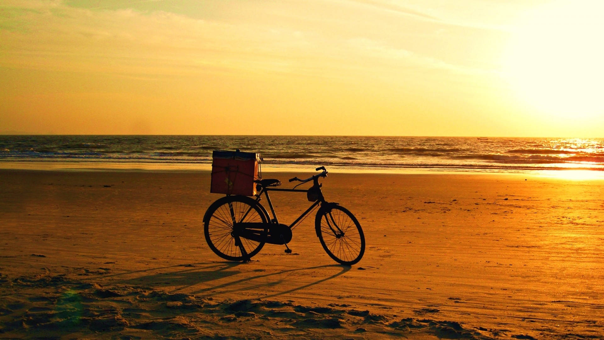 vintage aesthetic bike, red delivery box, sandy beach, Full HD Desktop Wallpaper