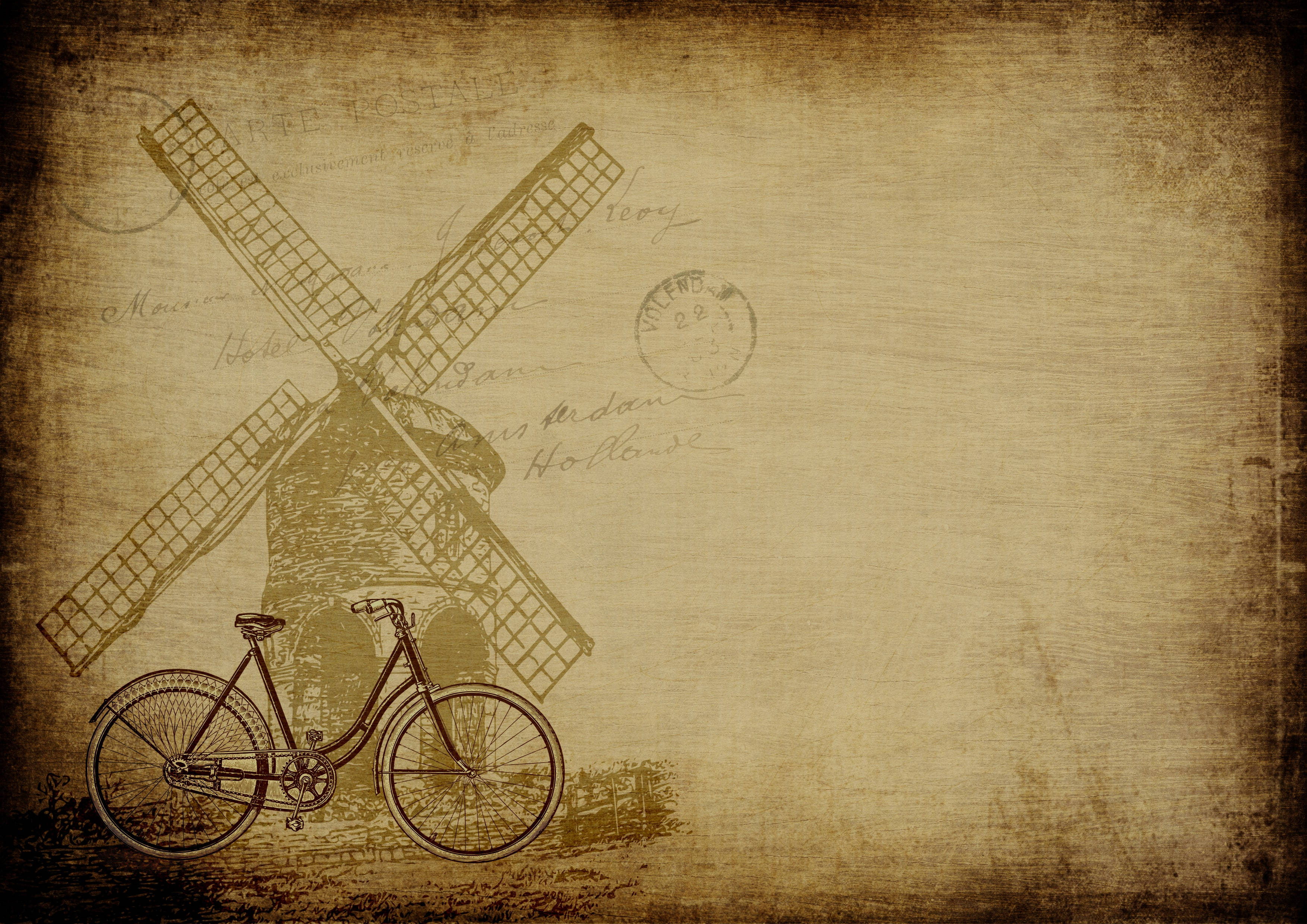nostalgic windmill bike, windmill, aged parchment, 2K Desktop Wallpaper