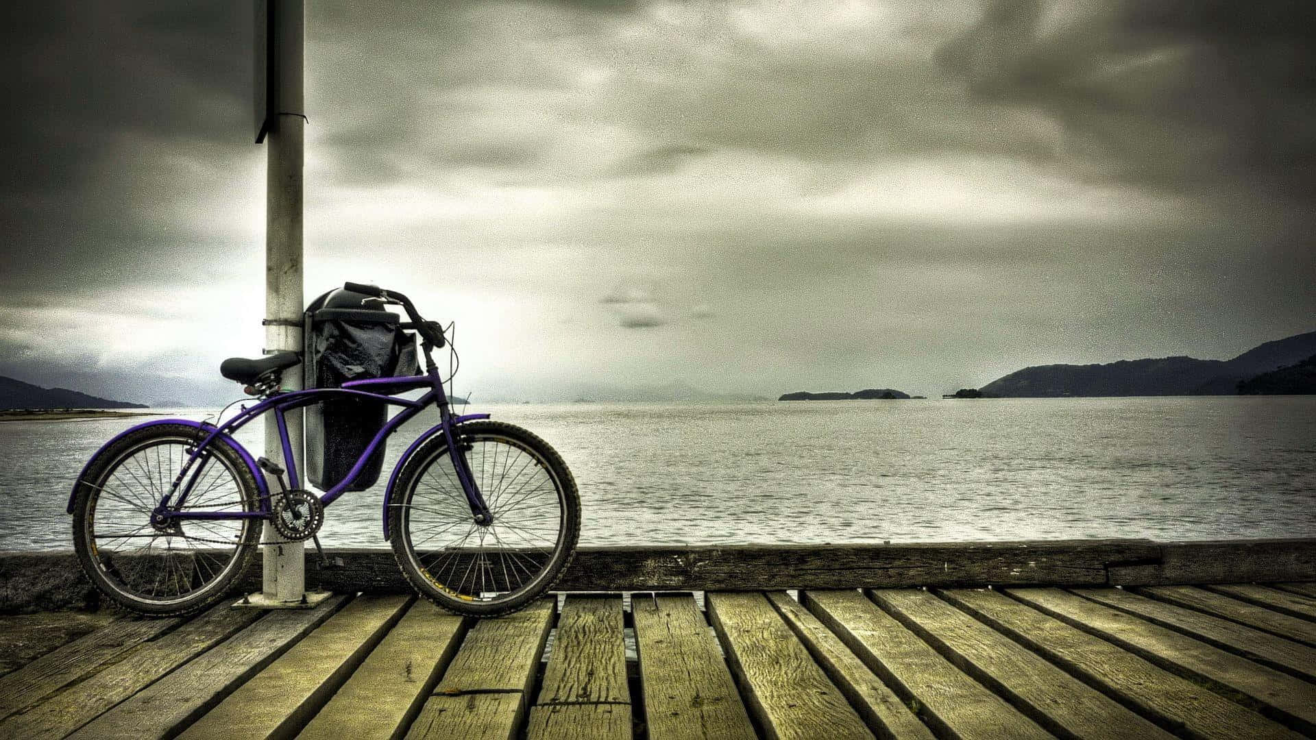 purple bicycle, weathered wooden pier, calm gray sea, Full HD Desktop Wallpaper