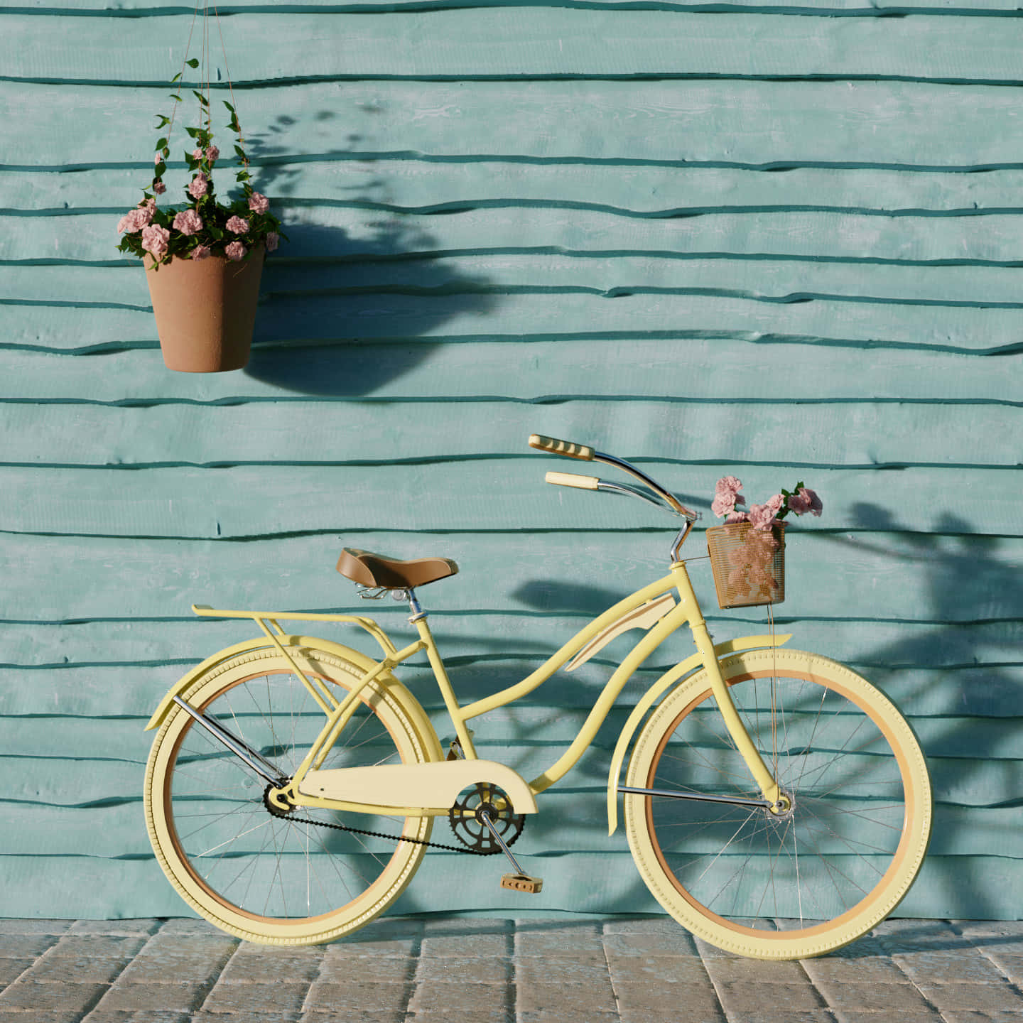 vintage yellow bicycle, floral basket, teal wooden wall, HD Desktop Wallpaper