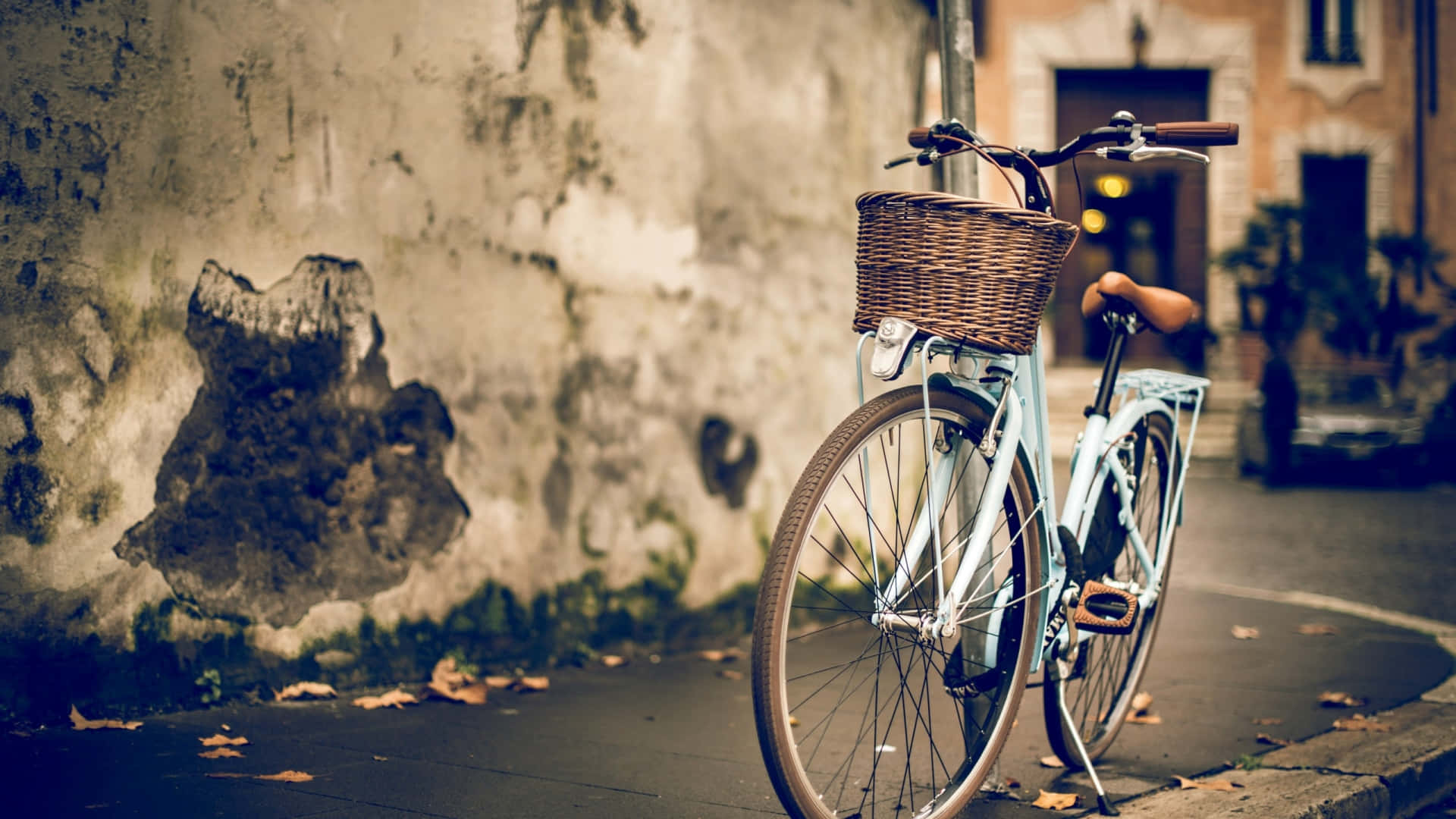vintage light blue bicycle, wicker basket, weathered wall, Full HD Desktop Wallpaper