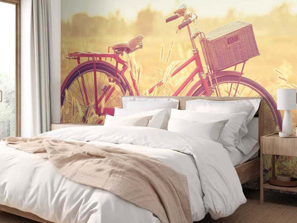 red bicycle, golden wheat field, sunrise, SD Desktop Wallpaper