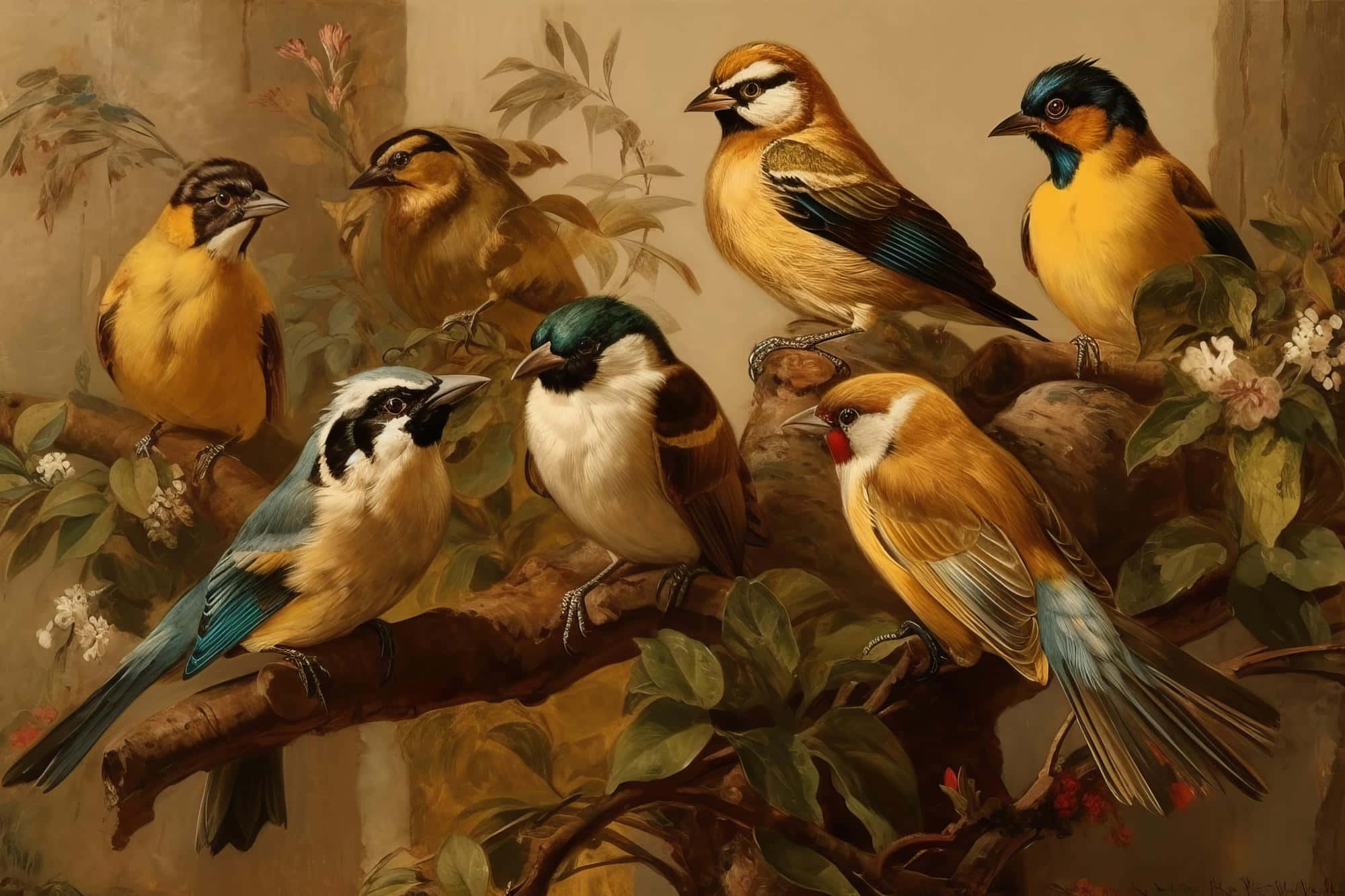 Vintage Colorful Birds Gathering, seven colorful birds, branches, Full HD Desktop Wallpaper