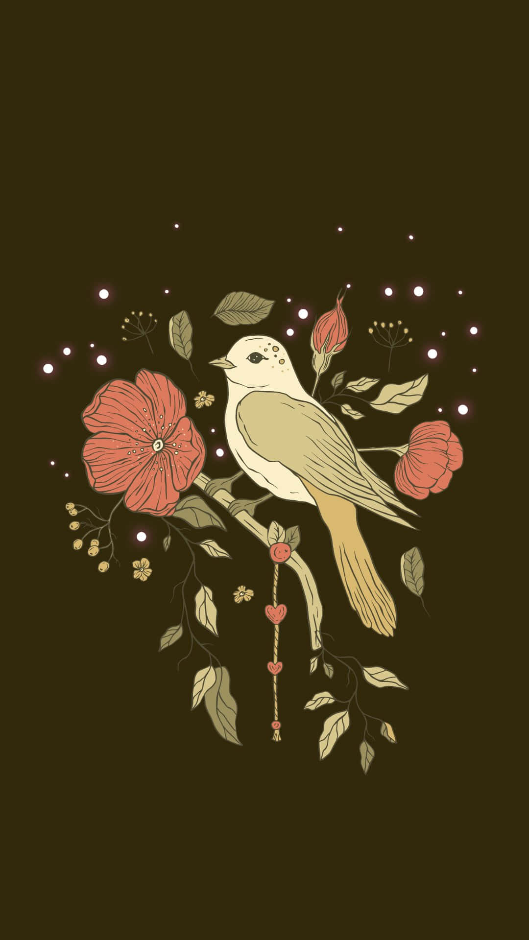 Vintage Bird, floral illustration, pink flowers, Full HD Phone Wallpaper