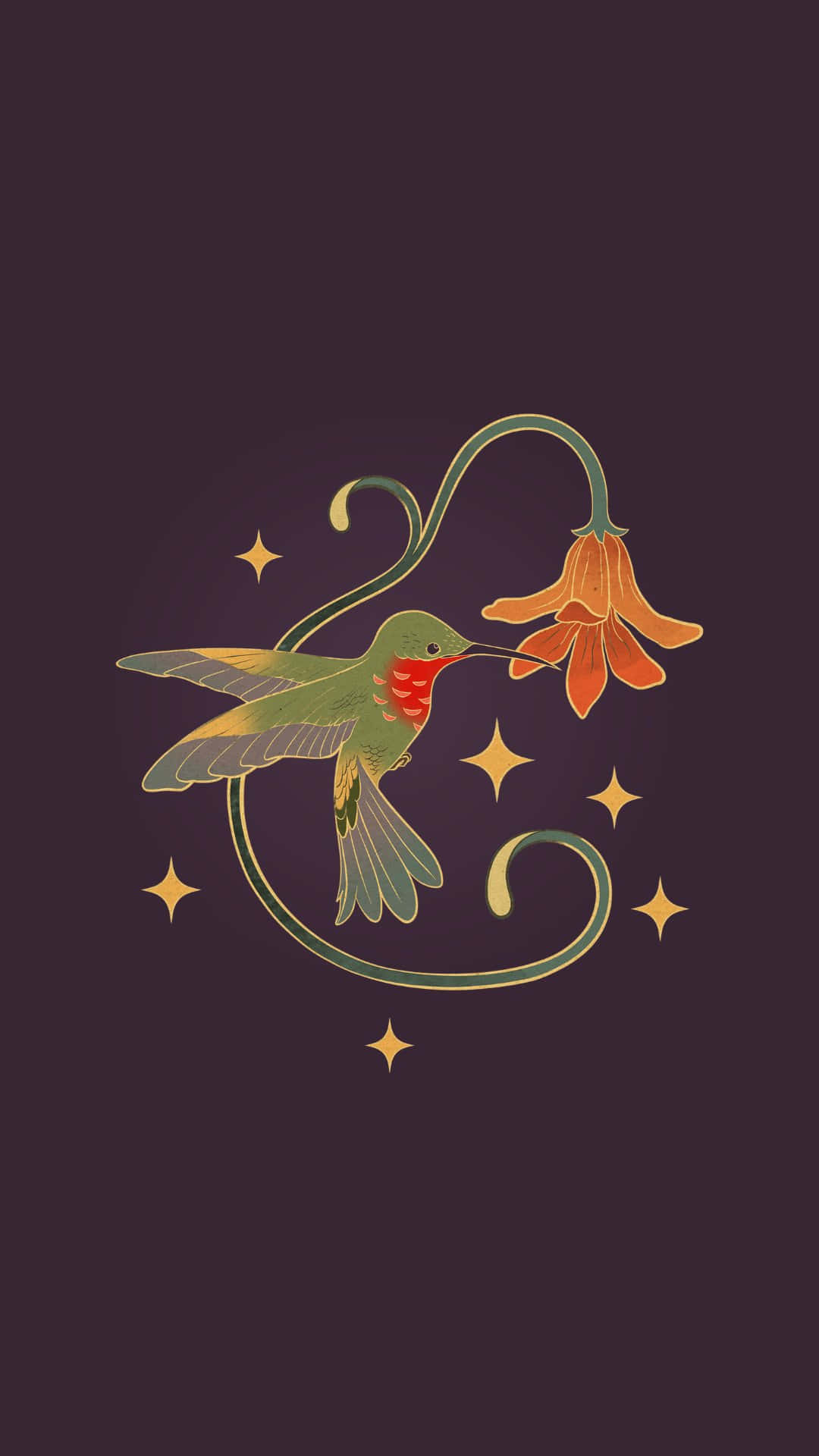 green hummingbird, red throat, orange bellflower, Full HD Phone Wallpaper