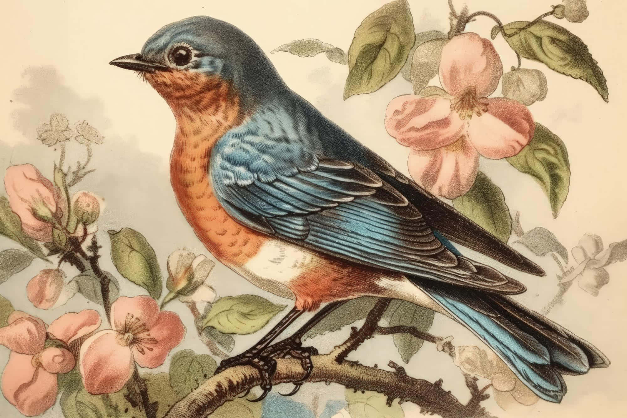 vintage illustrated birdon branch, bluebird, orange breast, Full HD Desktop Wallpaper