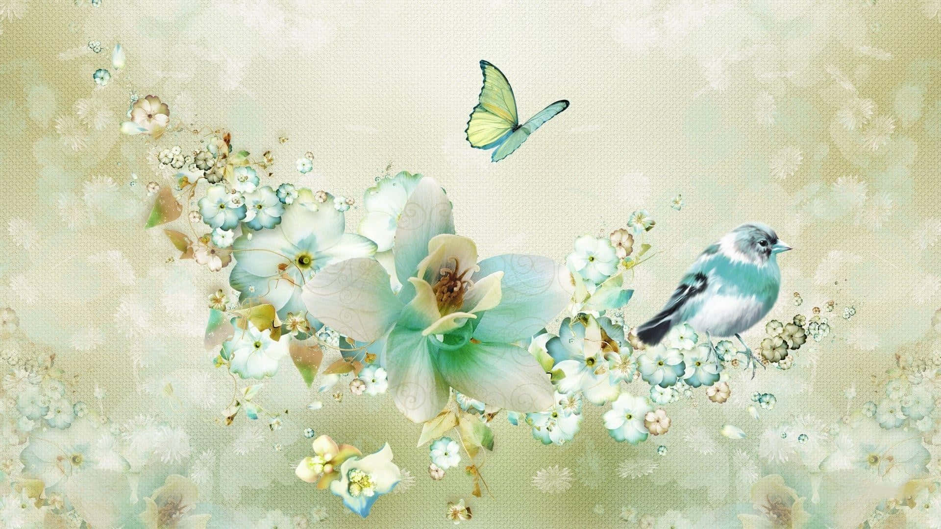 Vintage Floral Birdand Butterfly, pastel floral arrangement, small bird, Full HD Desktop Wallpaper