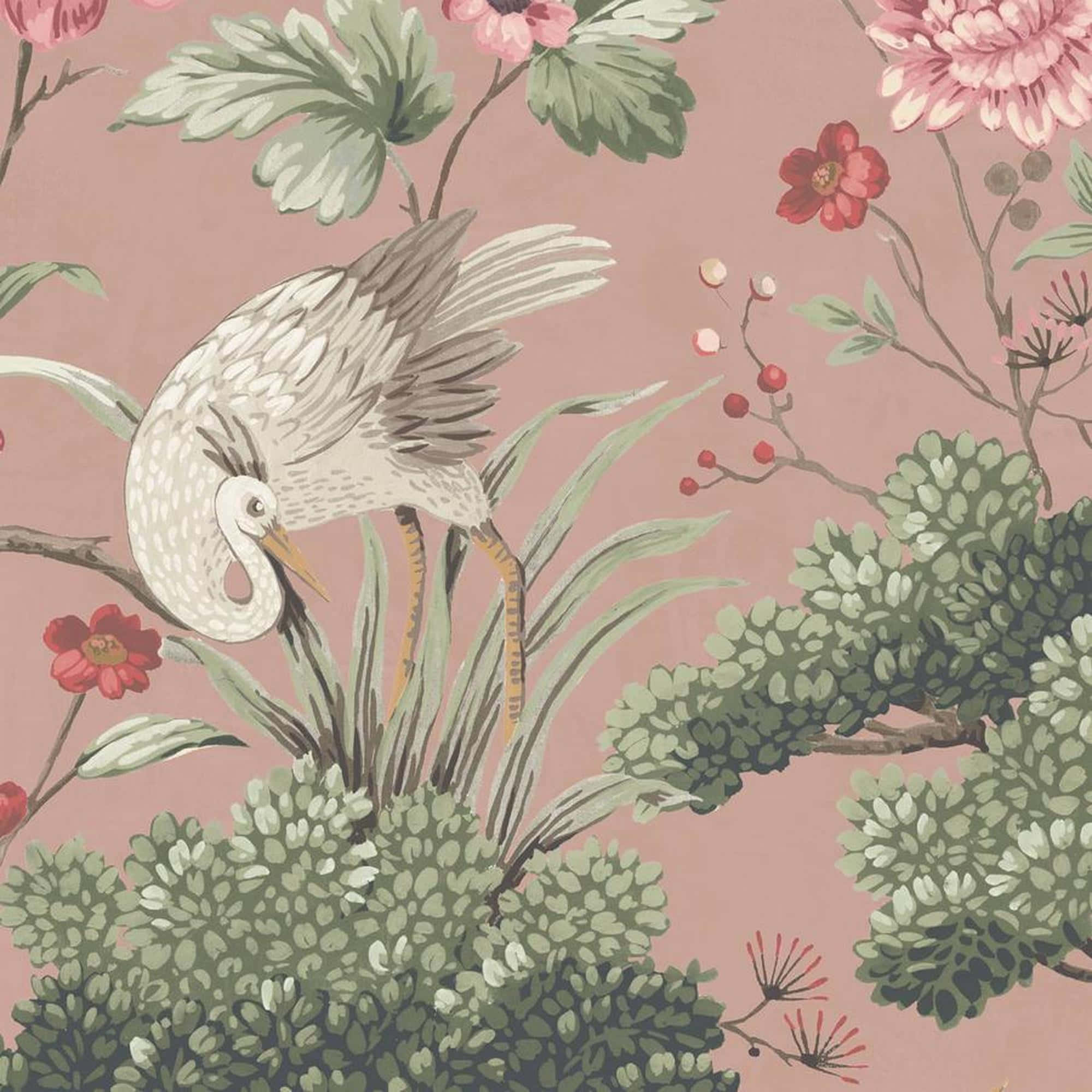 white heron, lush greenery, blooming pink and red flowers, Full HD Desktop Wallpaper