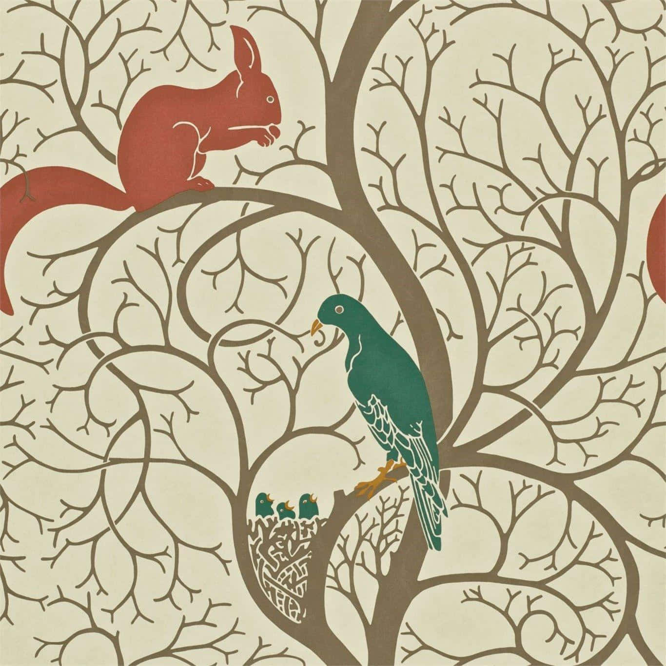 Vintage Birdand Squirrel Pattern, red squirrel, green bird, HD Desktop Wallpaper