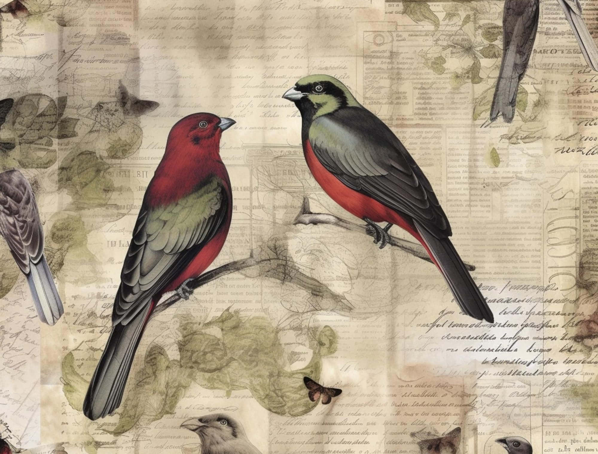 vintage redand green birds illustration, vibrant birds, branch, Full HD Desktop Wallpaper