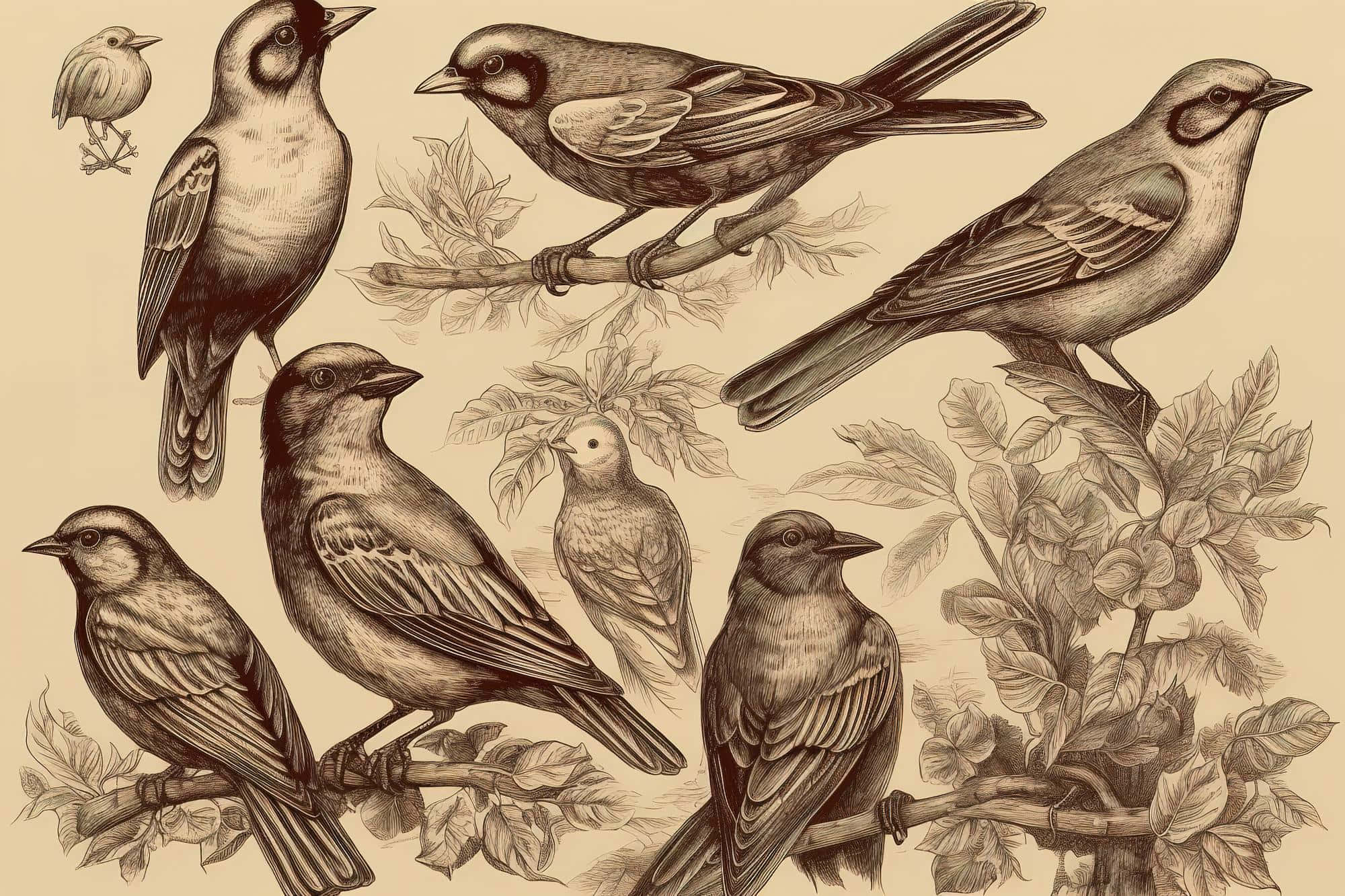vintage sketchesof songbirds, vintage-style illustration, various birds, Full HD Desktop Wallpaper