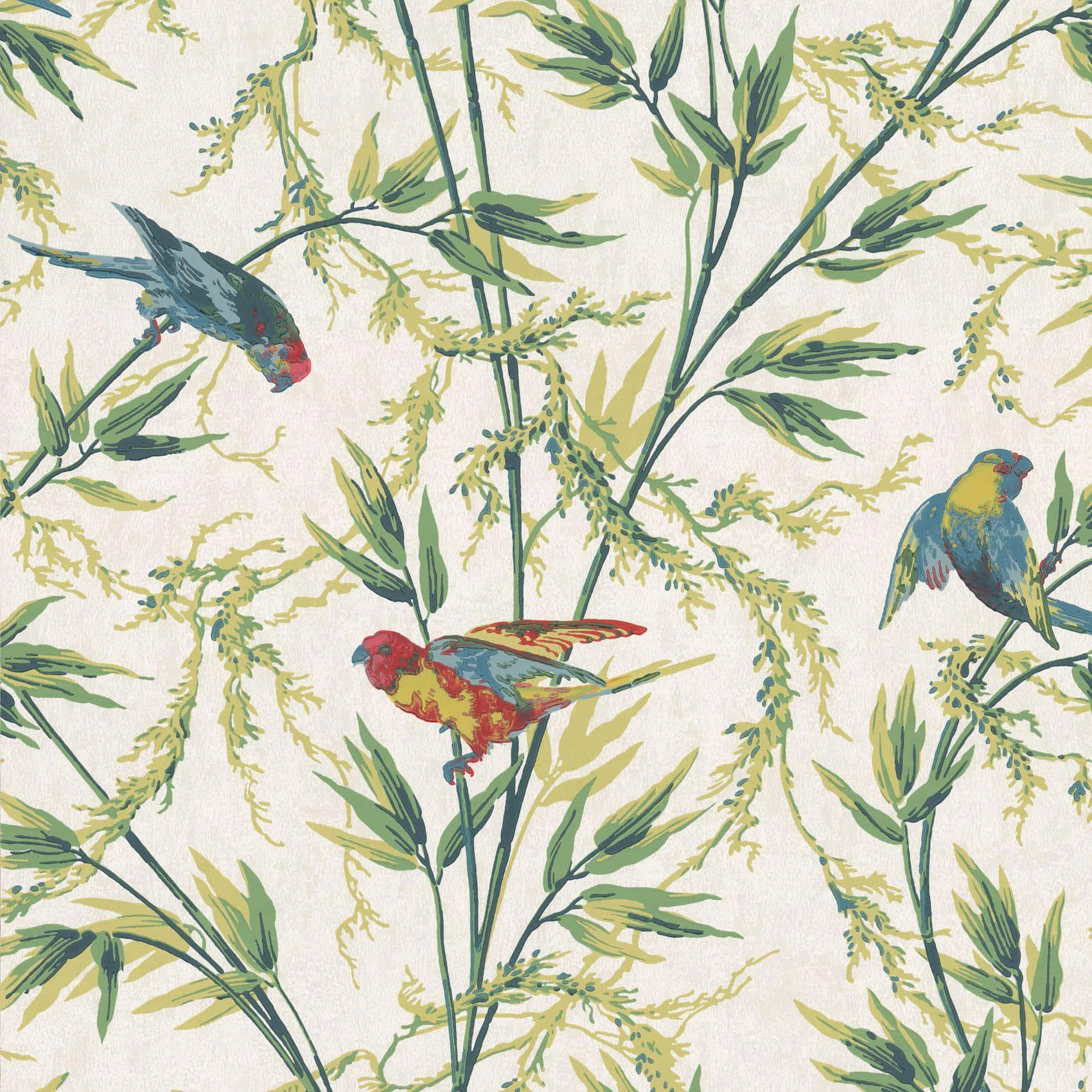 Vintage Bird, parrots, lush green bamboo stalks, HD Desktop Wallpaper
