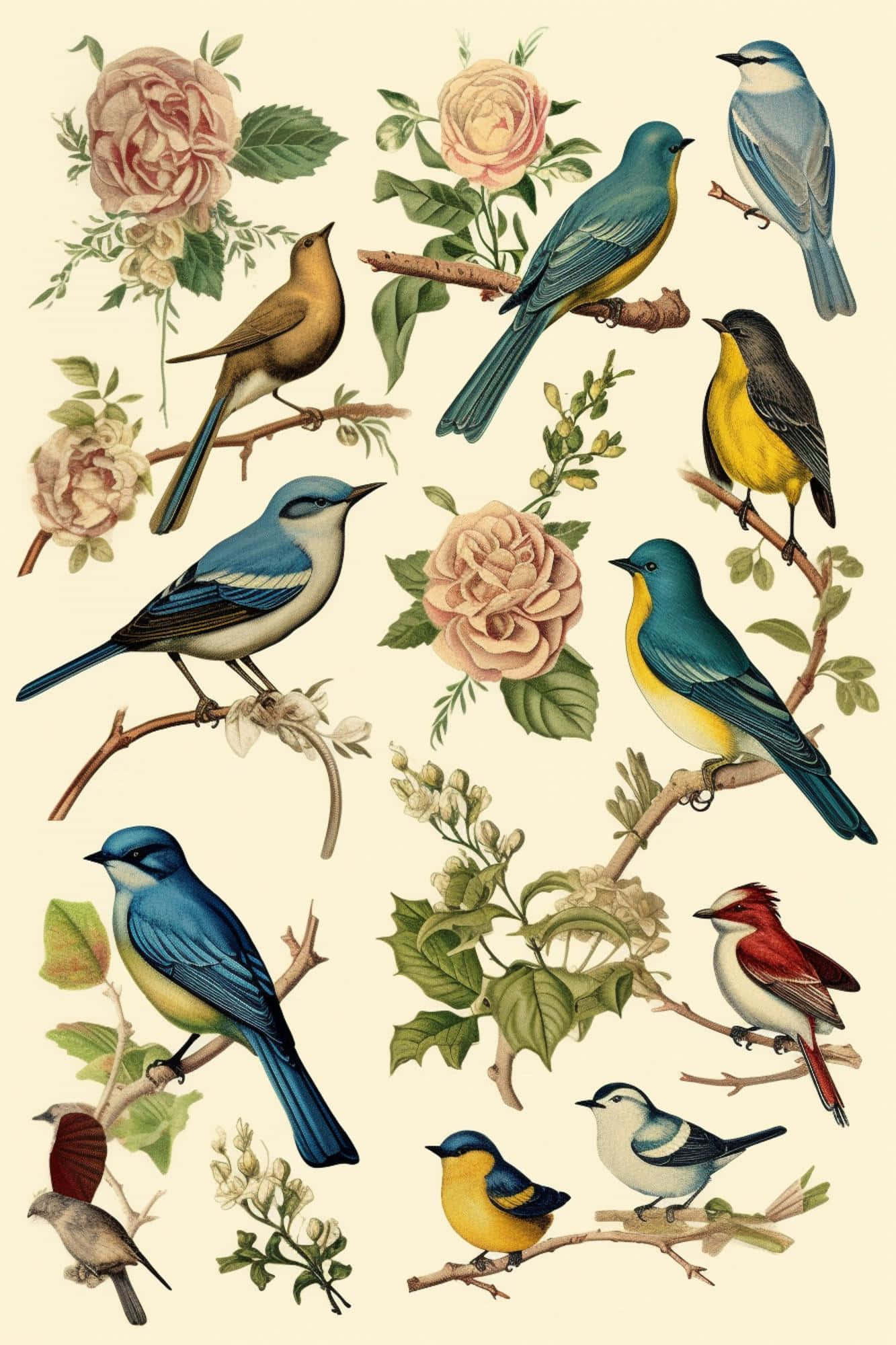 Vintage Bird, colorful birds, branches, Full HD Phone Wallpaper