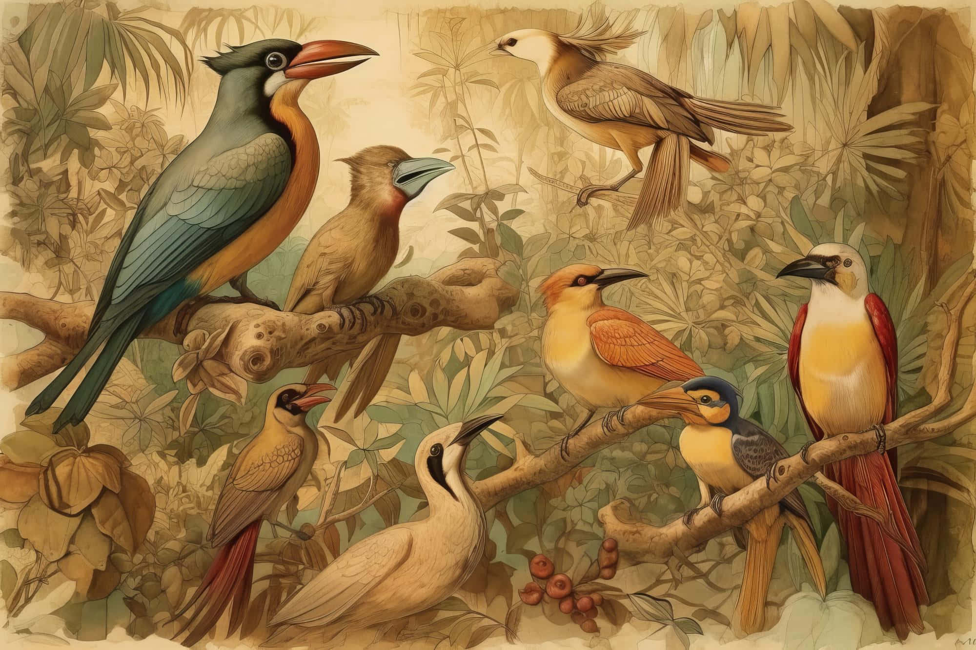 vintage-style illustration, vibrant tropical birds, branches, Full HD Desktop Wallpaper