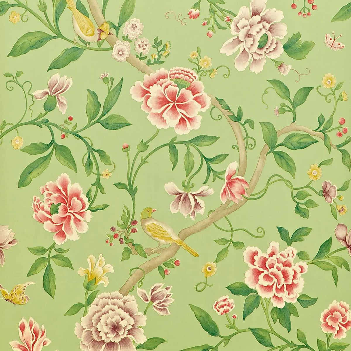 vintage floral bird pattern, pink peonies, green vines, SD Desktop Wallpaper