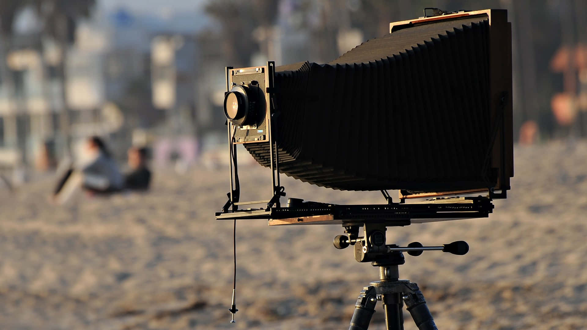 vintage large format camera, tripod, sunlit beach, Full HD Desktop Wallpaper