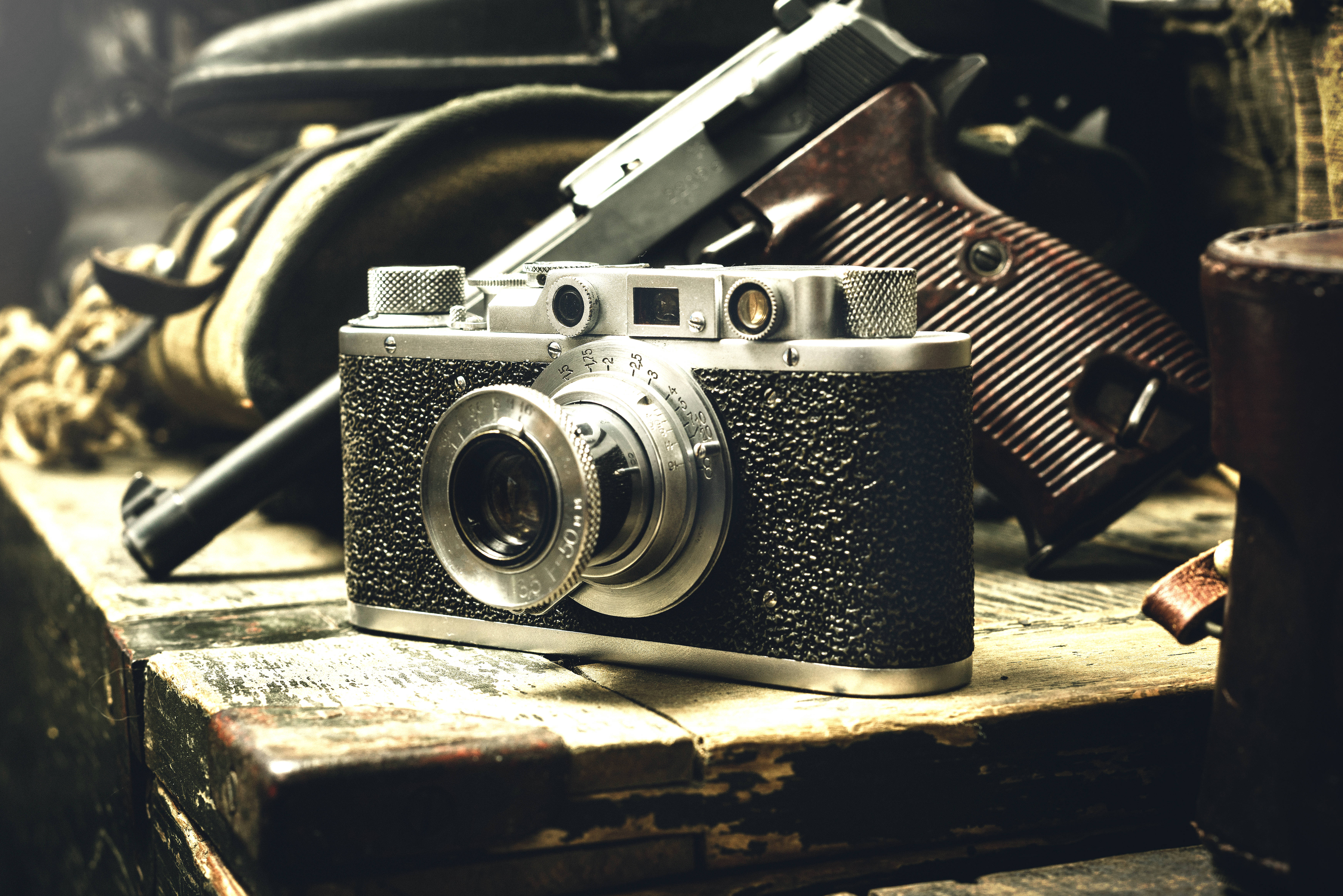 vintage camera, pistol, leather gear, 5K Desktop Wallpaper