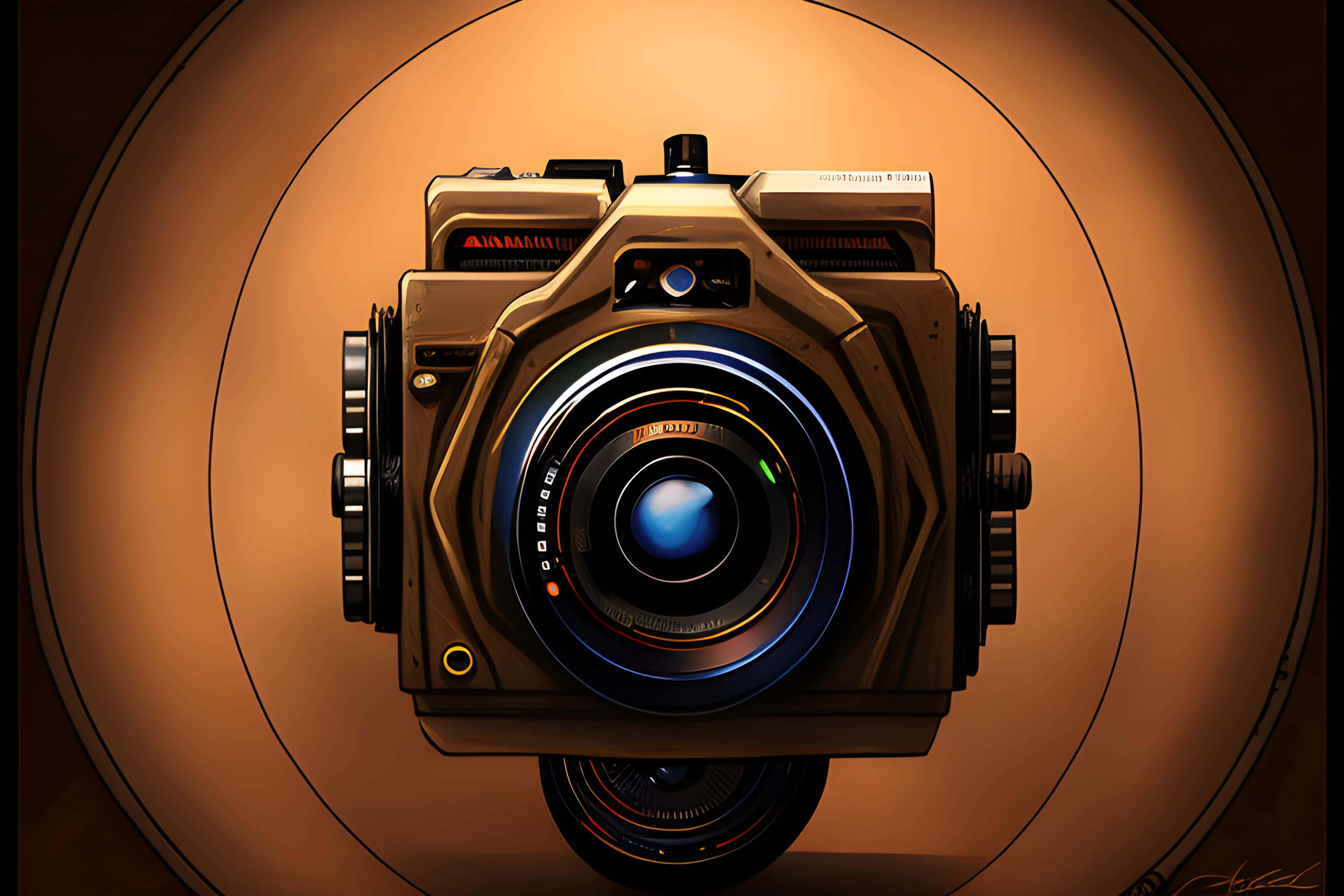 vintage camera, glowing blue lens, warm amber concentric circles, 2K Desktop Wallpaper