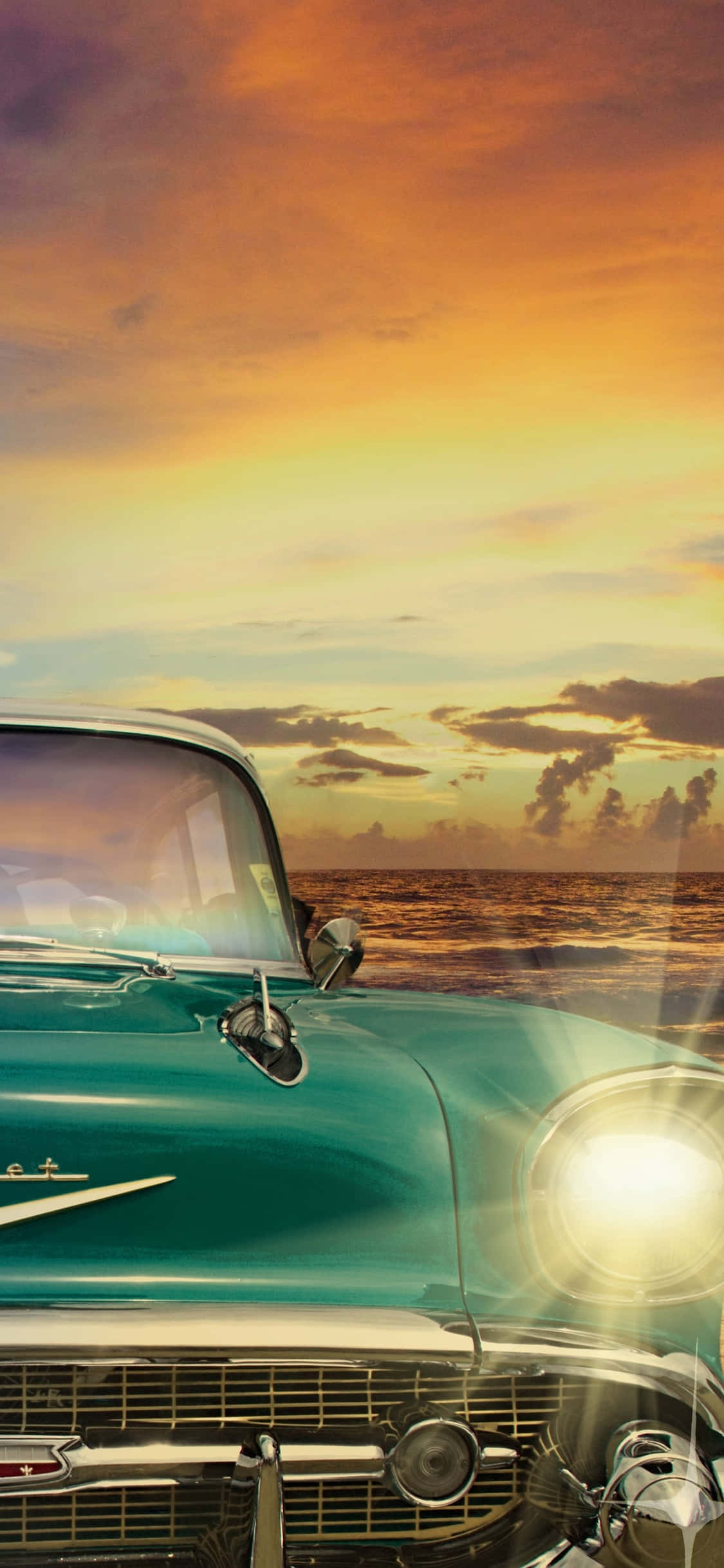 vintage teal car, fiery sunset sky, ocean waves, Full HD Phone Wallpaper