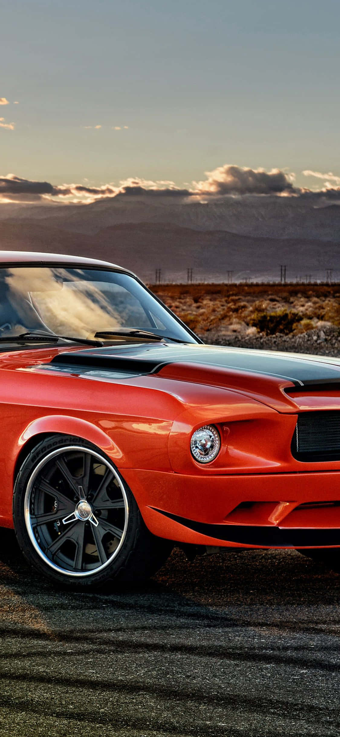 vintage red car, classic muscle car, desert road, Full HD Phone Wallpaper