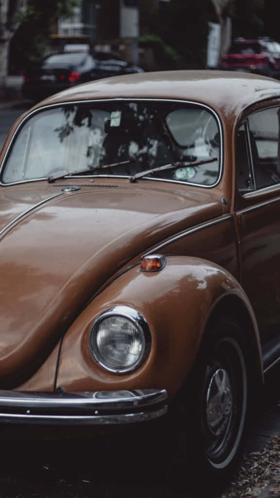 vintage, brown Volkswagen Beetle, wet street, SD Phone Wallpaper
