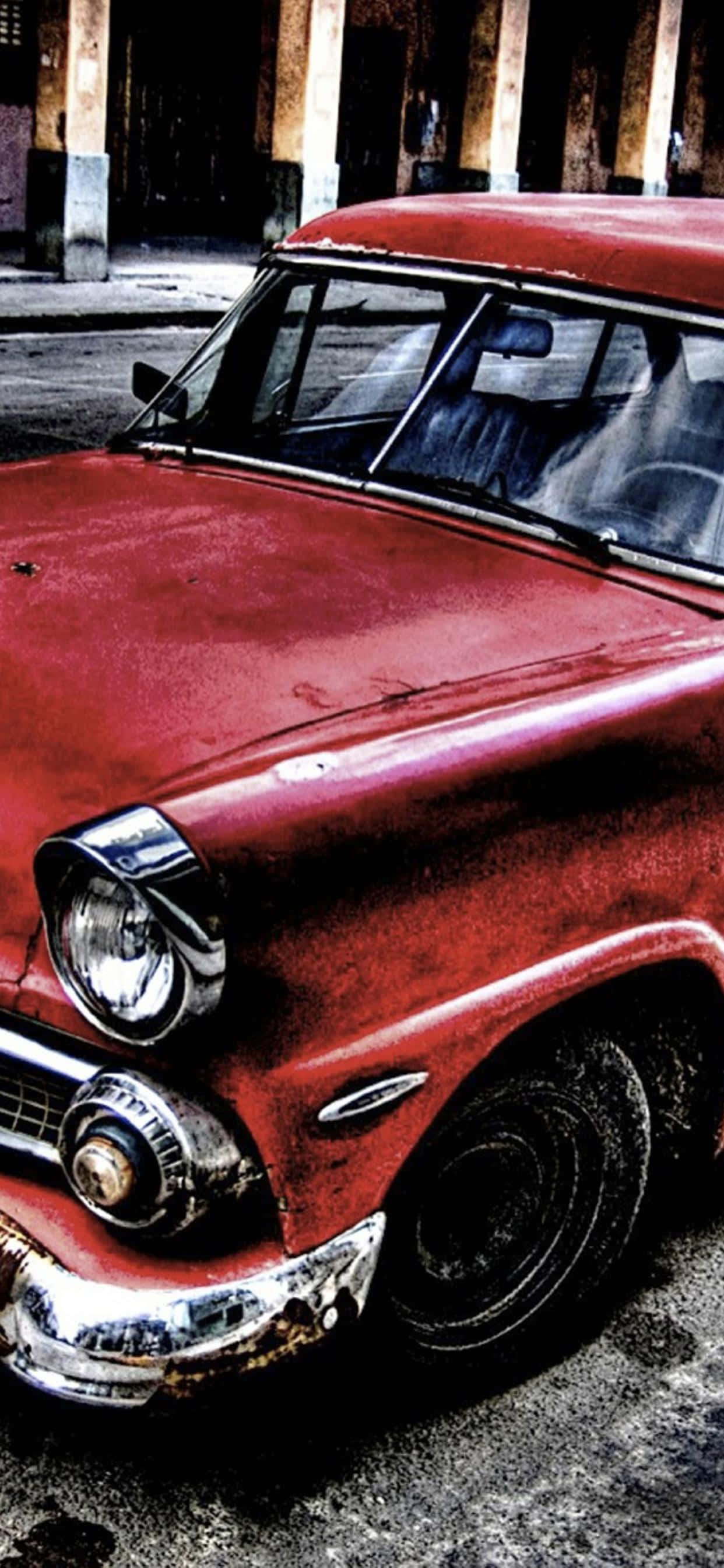red vintage car, chrome accents, colonnade, 2K Phone Wallpaper