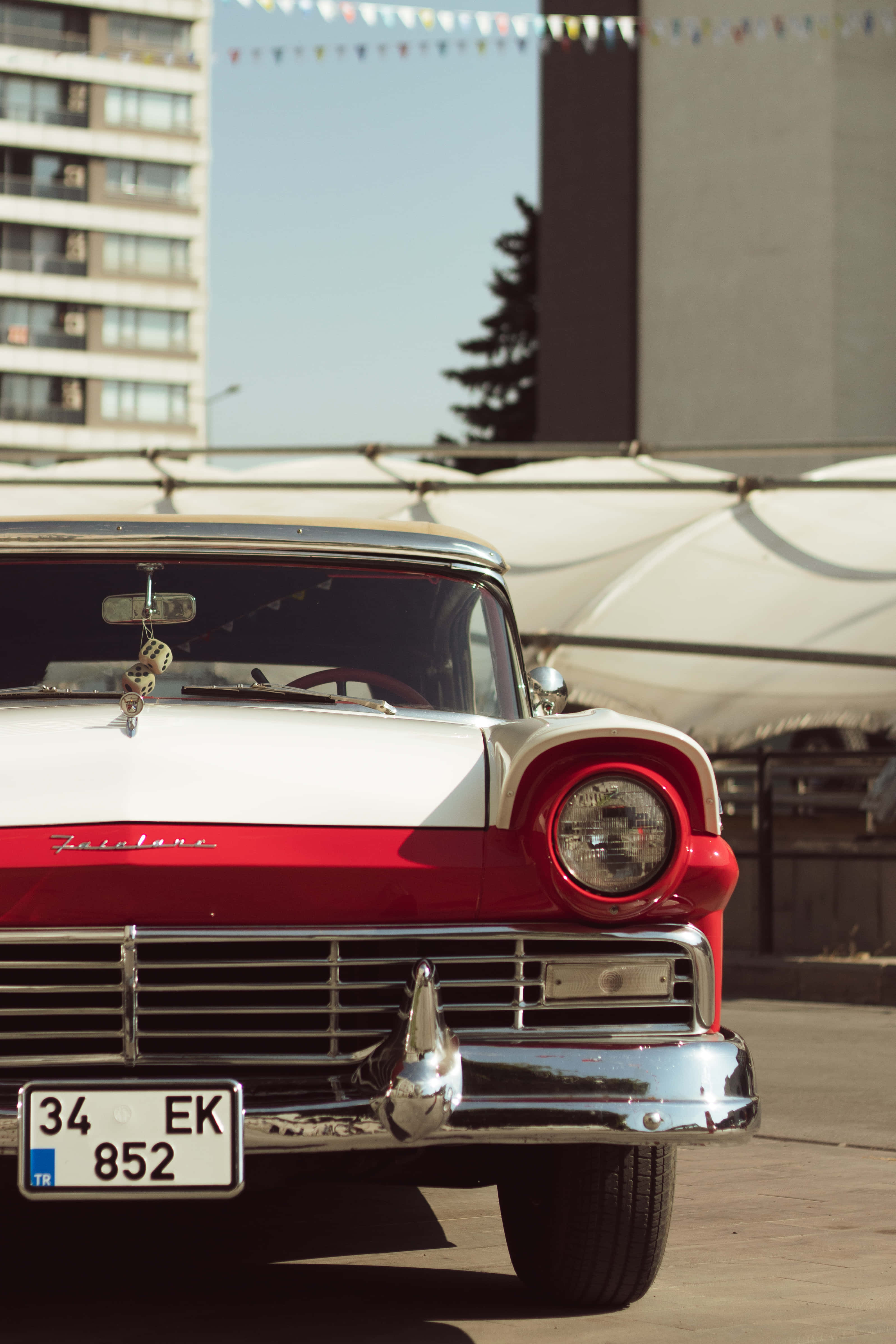 1950s Ford Fairlane, red and white, chrome details, 4K Phone Wallpaper