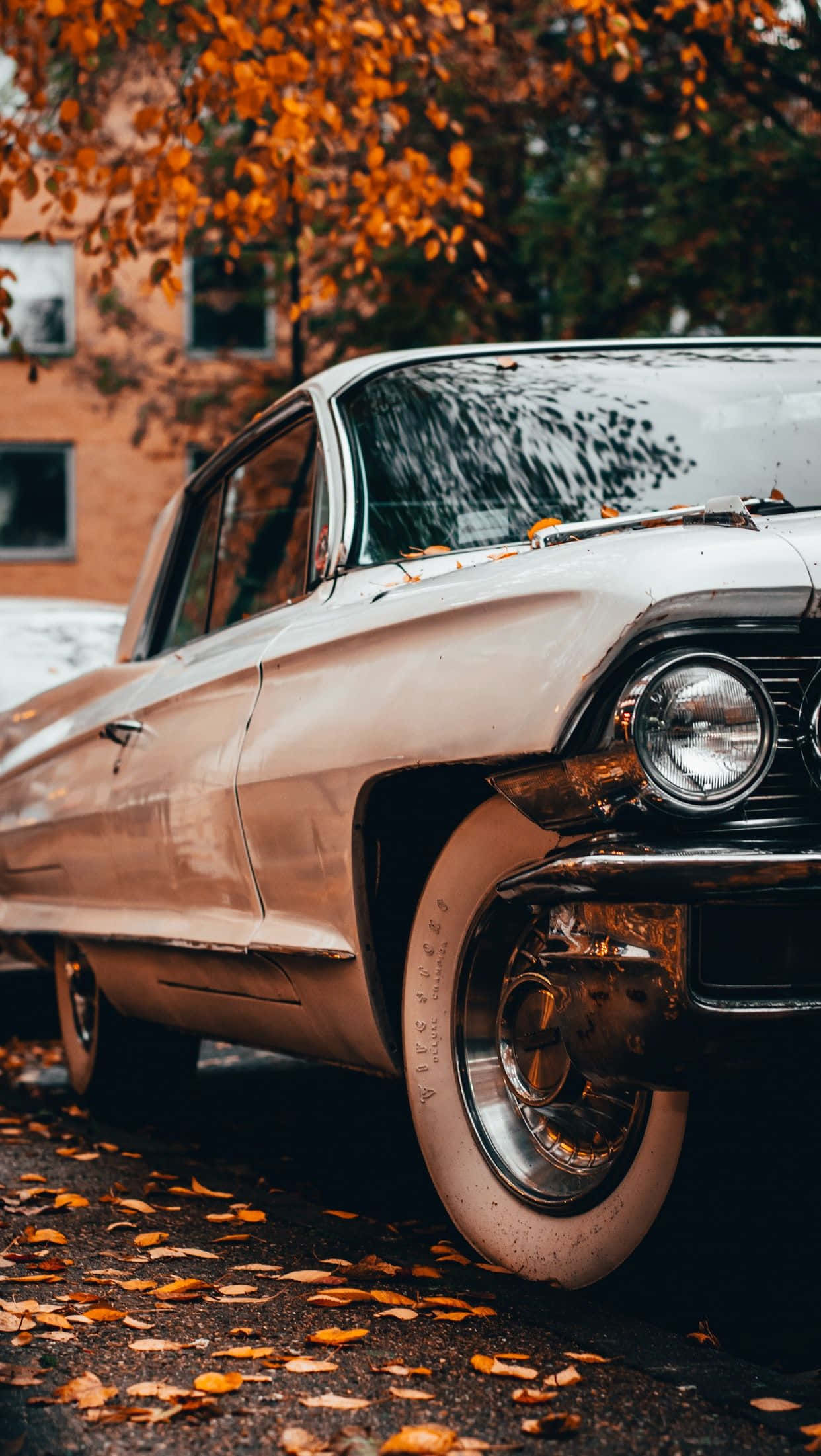 vintage cream car, golden autumn leaves, brick building, Full HD Phone Wallpaper
