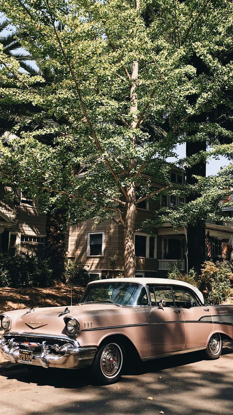1957 Chevrolet Bel Air, pink, leafy green tree, HD Phone Wallpaper