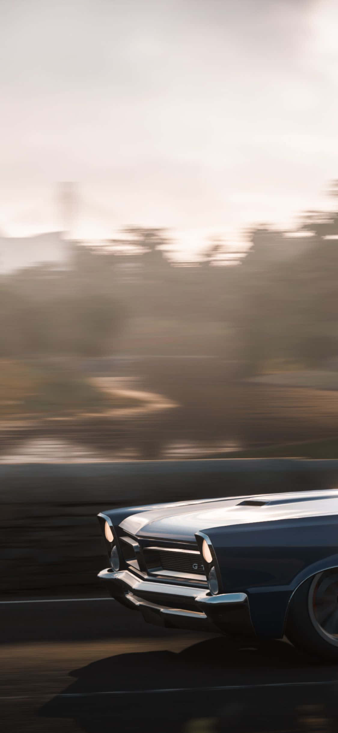 vintage blue muscle car, winding road, sunset, Full HD Phone Wallpaper