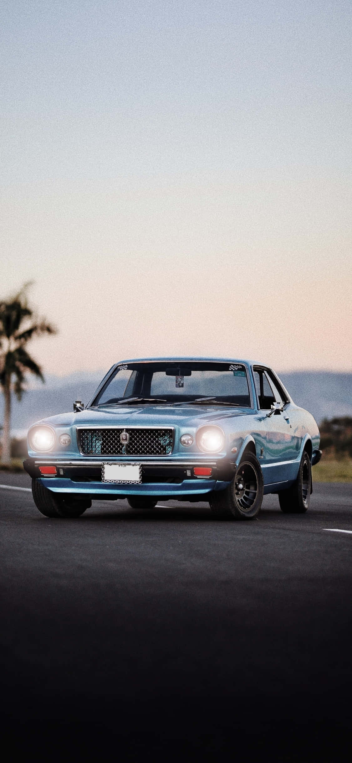 blue mustang, vintage light blue sports car, glowing headlights, Full HD Phone Wallpaper