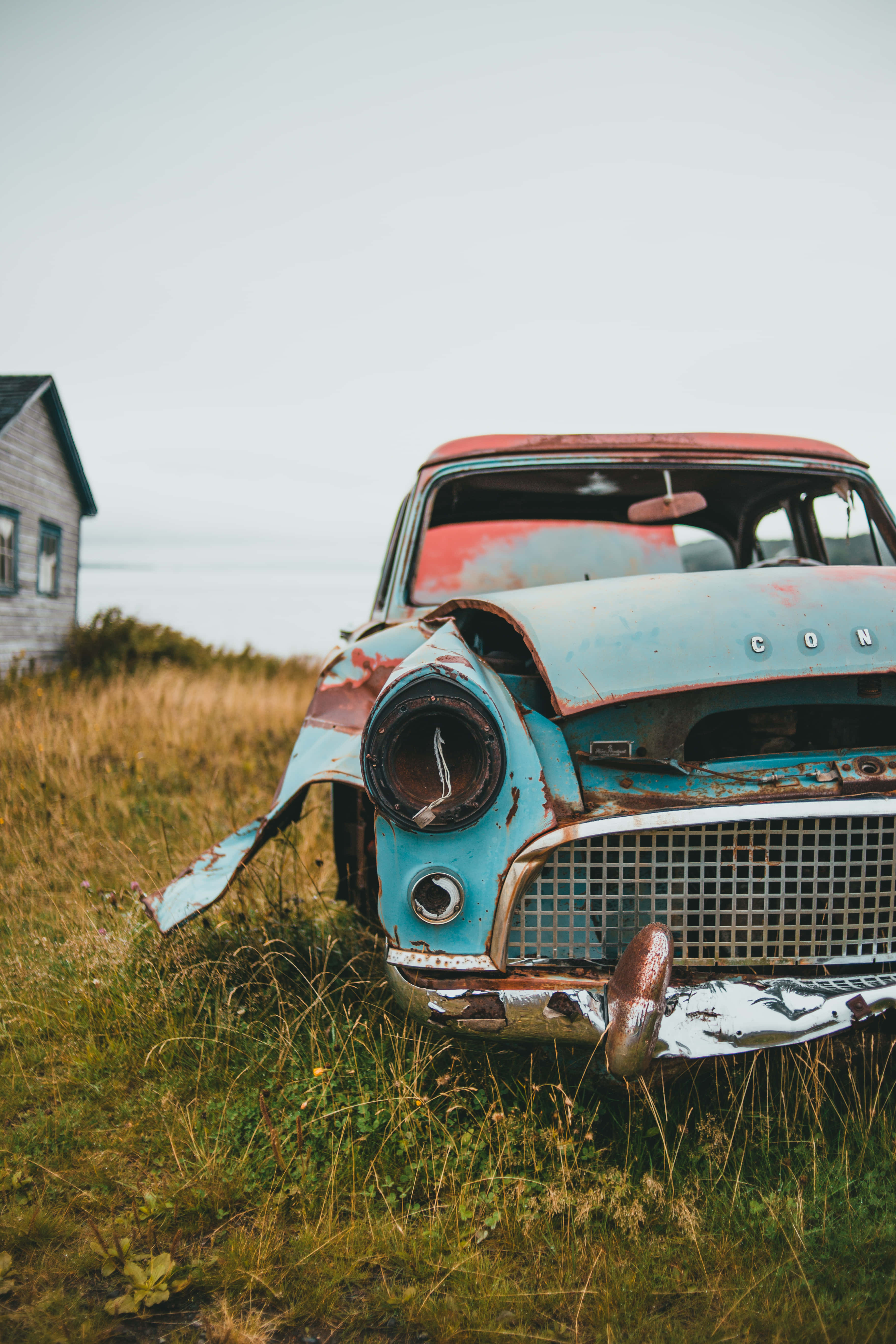 vintage car, rusted, peeling blue and red paint, 5K Phone Wallpaper