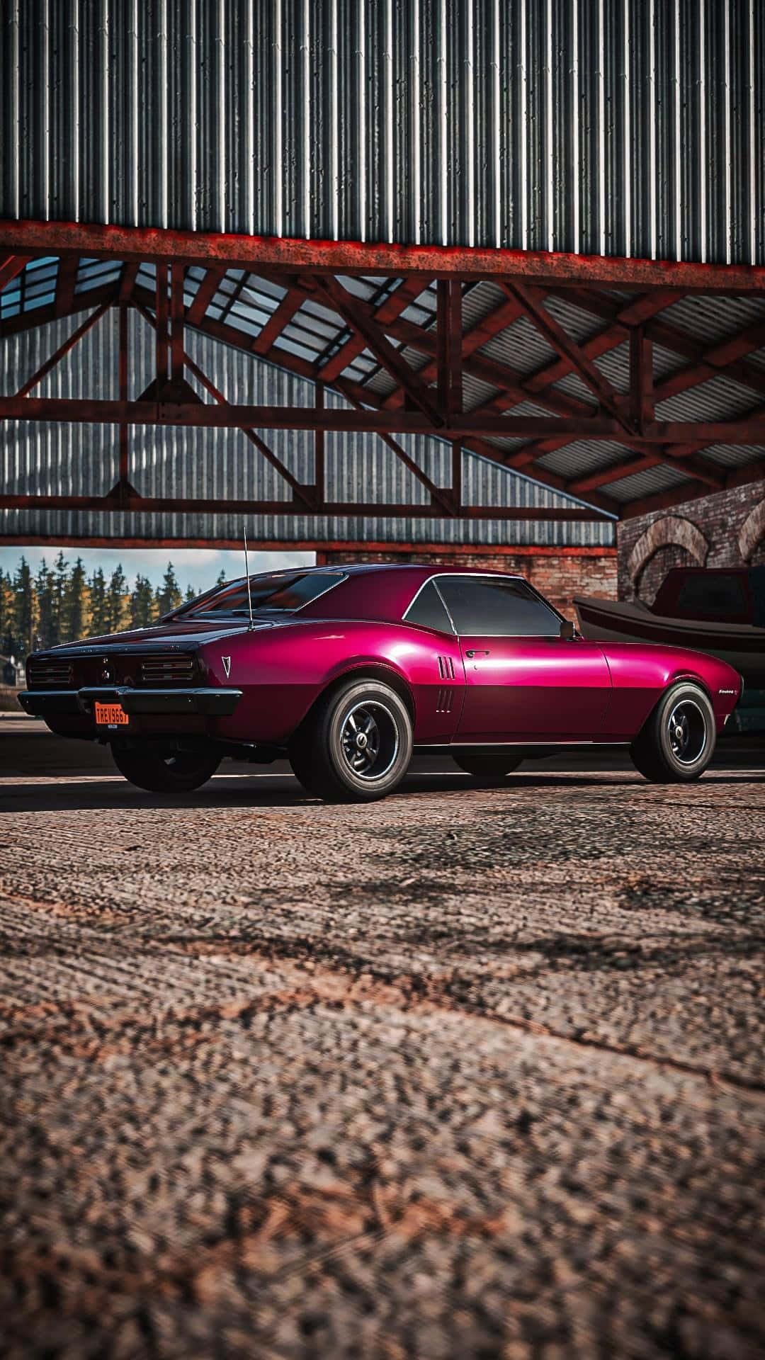 glossy magenta classic muscle car, rusted metal hangar, textured concrete ground, Full HD Phone Wallpaper
