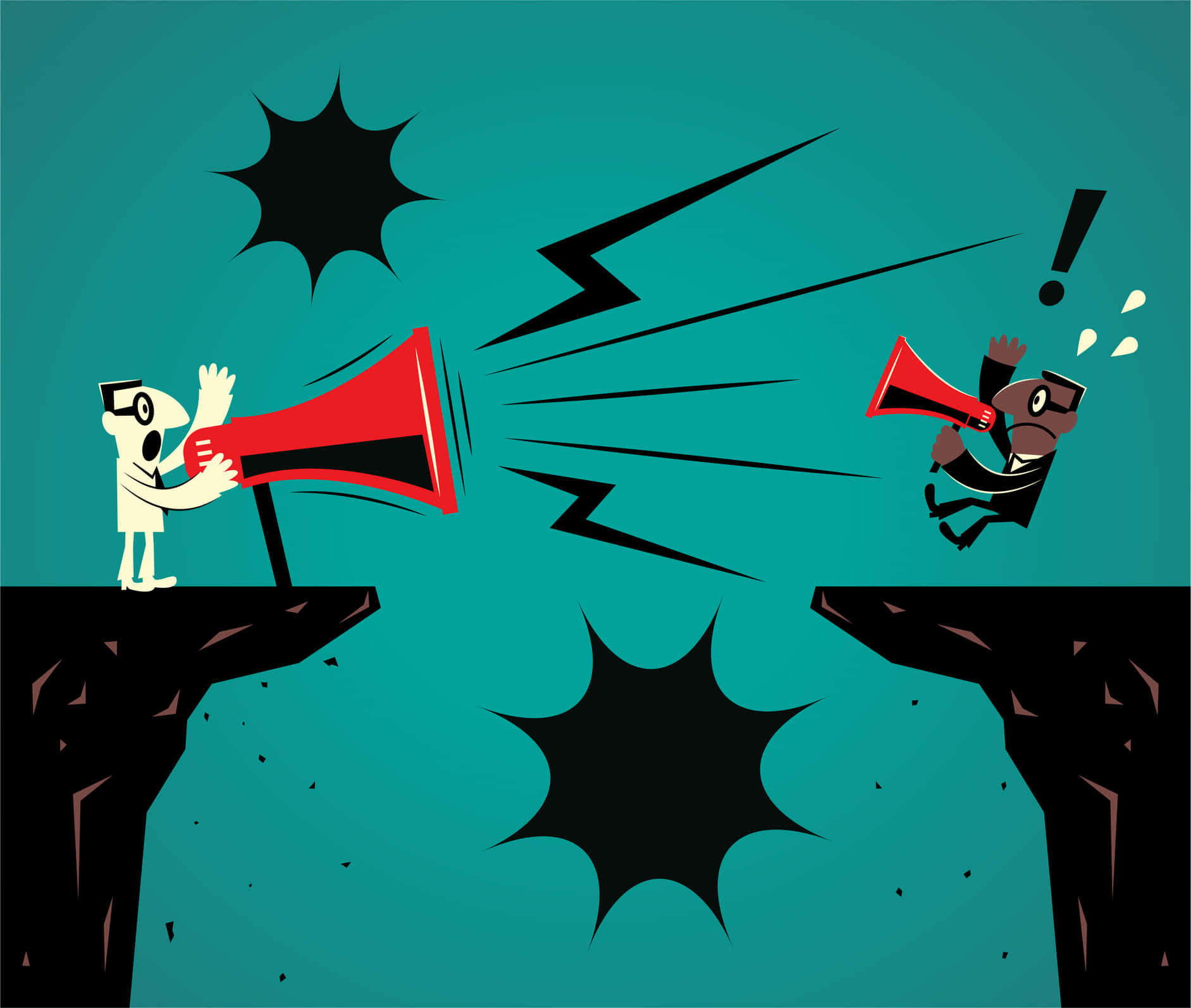 cartoon businessmen, opposing cliffs, megaphones, HD Desktop Wallpaper