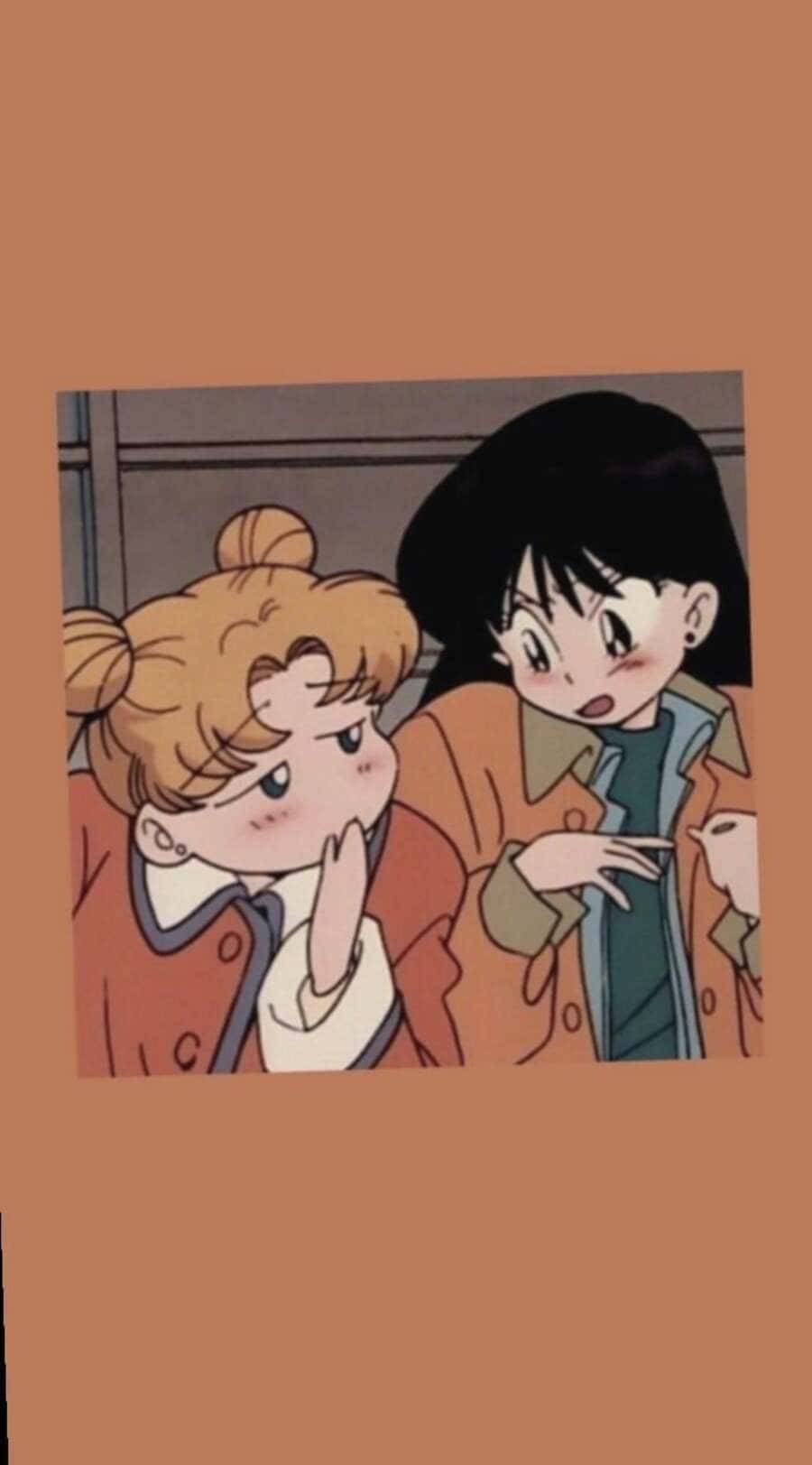 Vintage Cartoon Aesthetic, anime girls, orange jackets, HD Phone Wallpaper