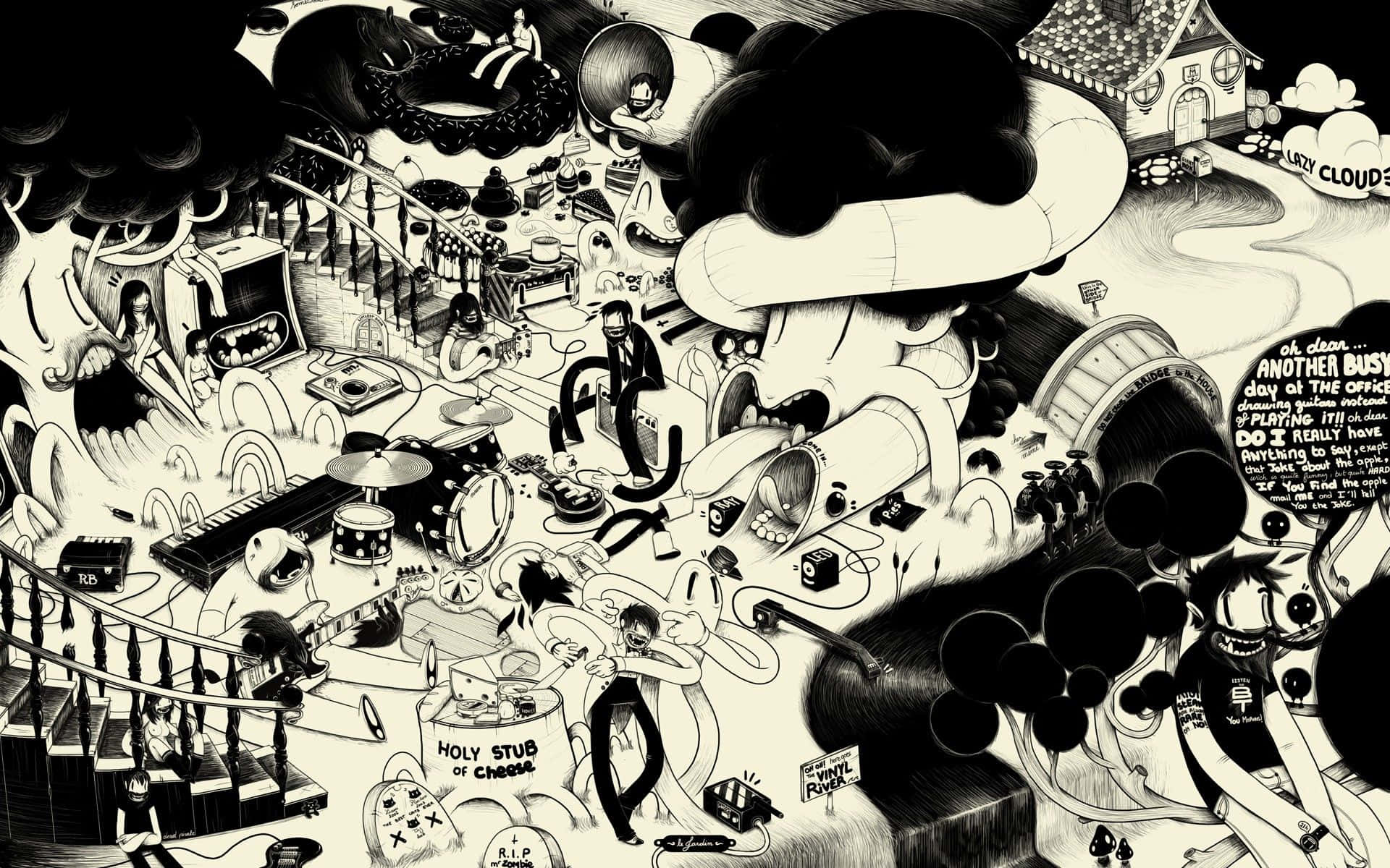 Vintage Whimsy, black and white cartoon illustration, surreal office, Full HD Desktop Wallpaper