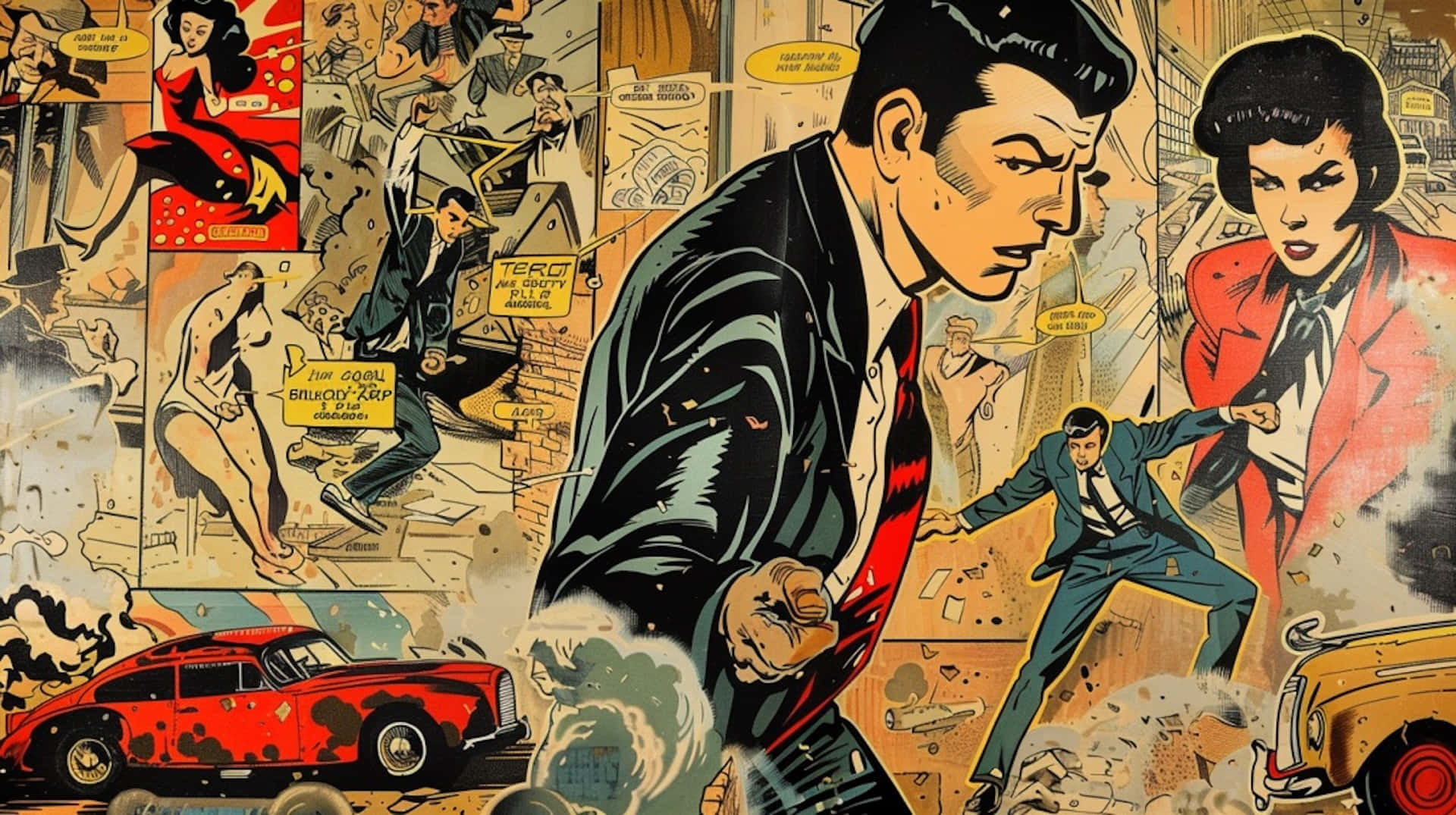 Vintage Comic Collage, male hero in a suit, action panels, Full HD Desktop Wallpaper