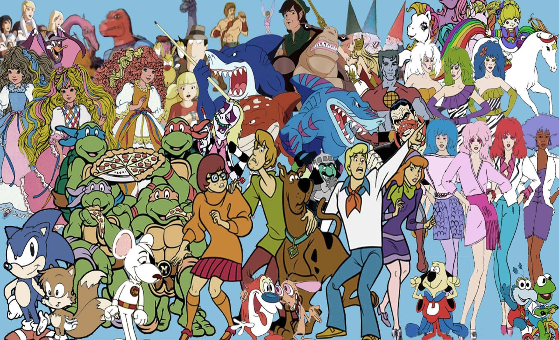 1980s animated shows, classic cartoon characters, vibrant collage, Full HD Desktop Wallpaper