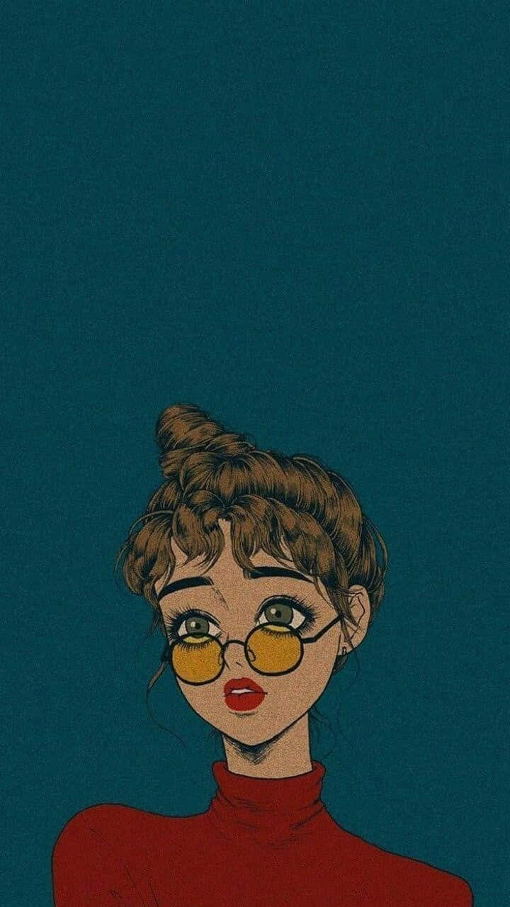 retro styled girlwith glasses, yellow-tinted glasses, red turtleneck, HD Phone Wallpaper