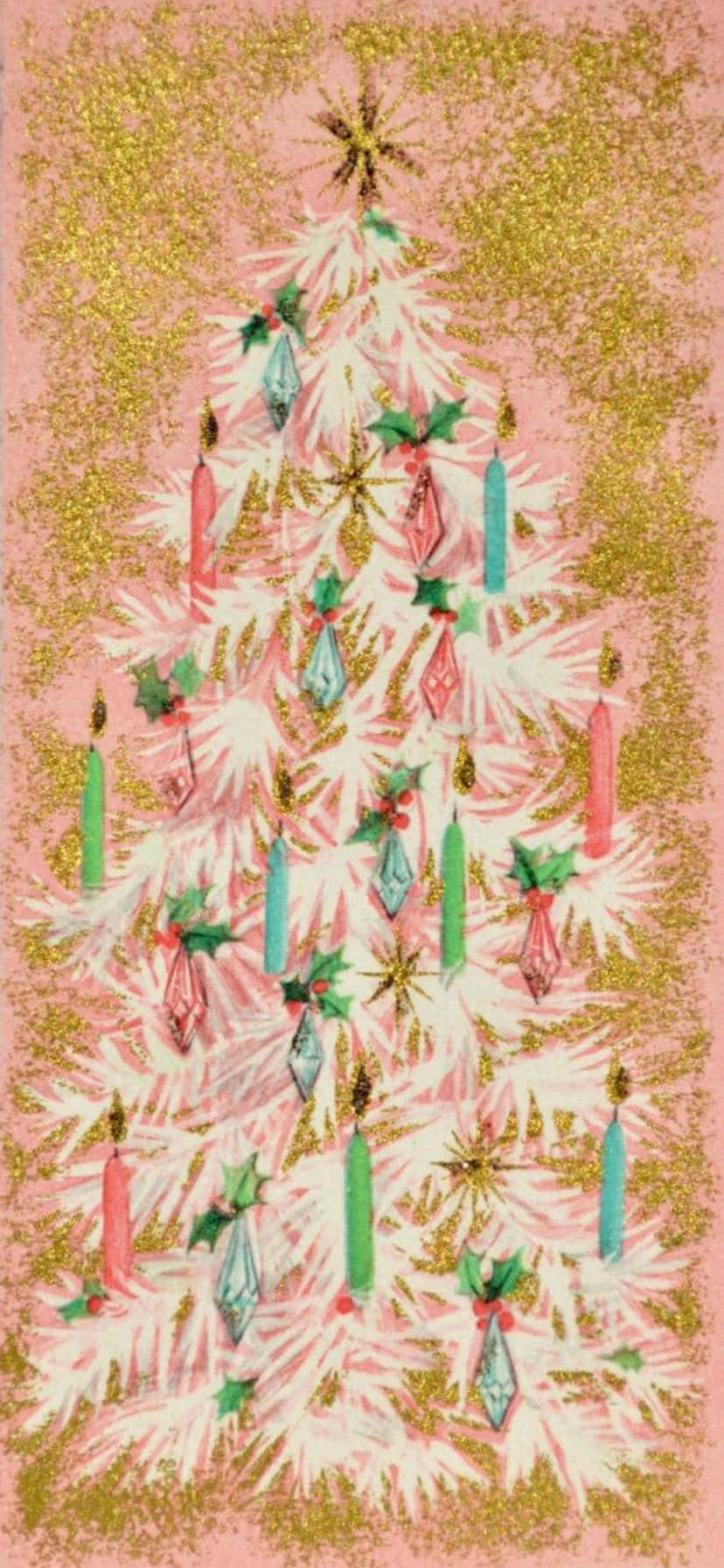 vintage50s, pink and gold glitter Christmas tree, red green and blue ornaments, HD Phone Wallpaper