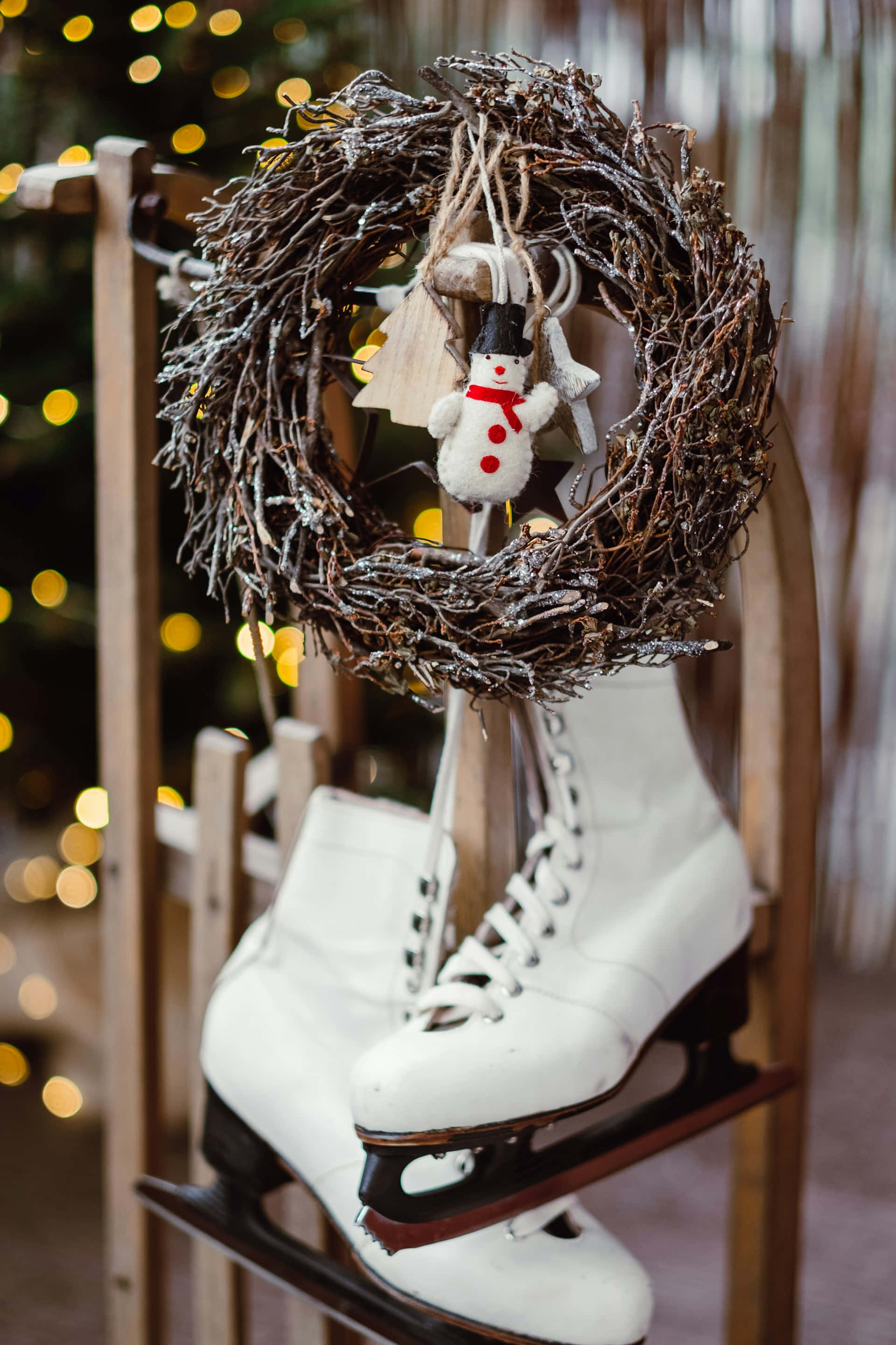 rustic twig wreath, snowman ornament, white ice skates, 2K Phone Wallpaper