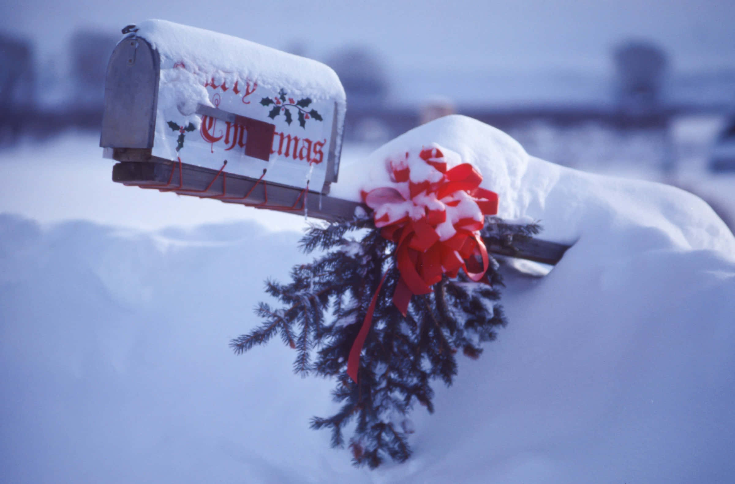 snow-covered mailbox, red bow, evergreen sprig, Full HD Desktop Wallpaper